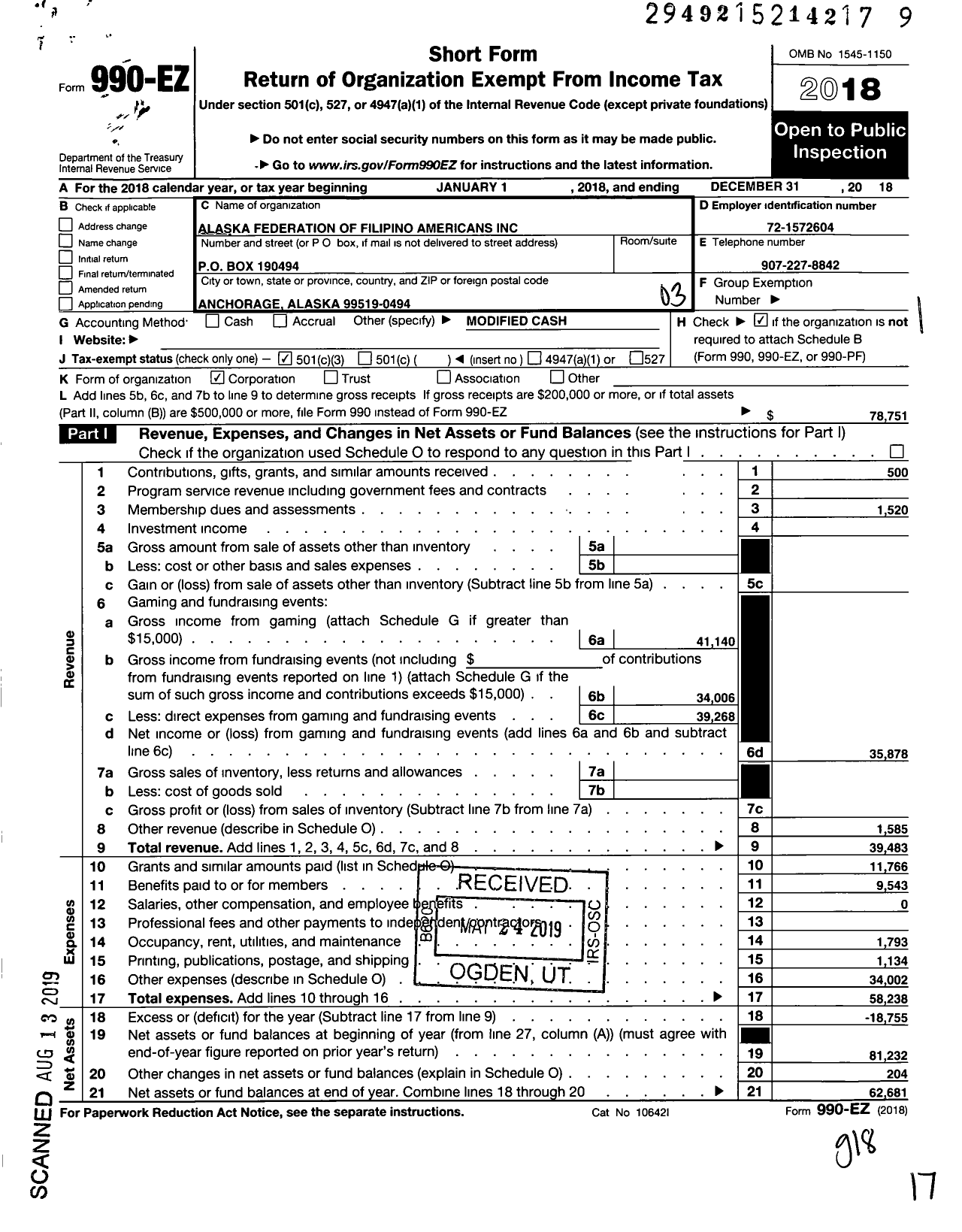 Image of first page of 2018 Form 990EZ for Alaska Federation of Filipino Americans