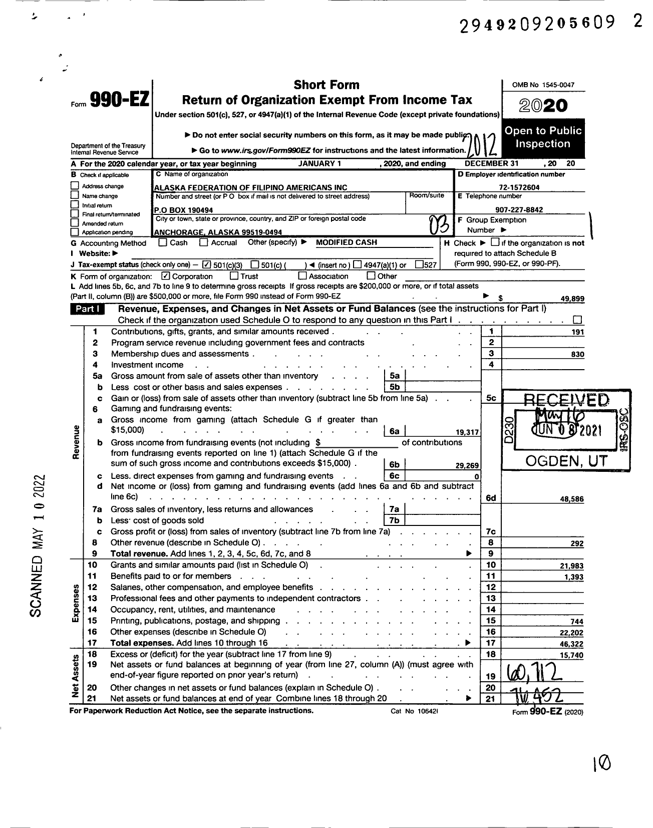 Image of first page of 2020 Form 990EZ for Alaska Federation of Filipino Americans