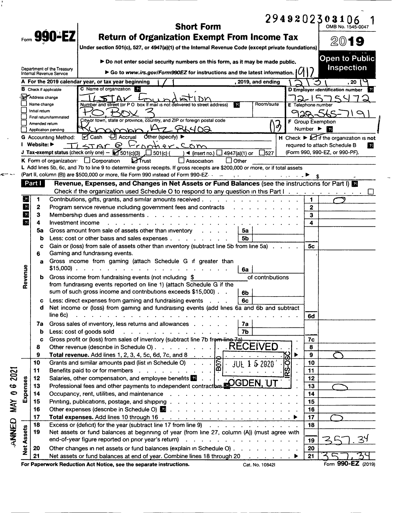 Image of first page of 2019 Form 990EZ for The Tlstar Foundation