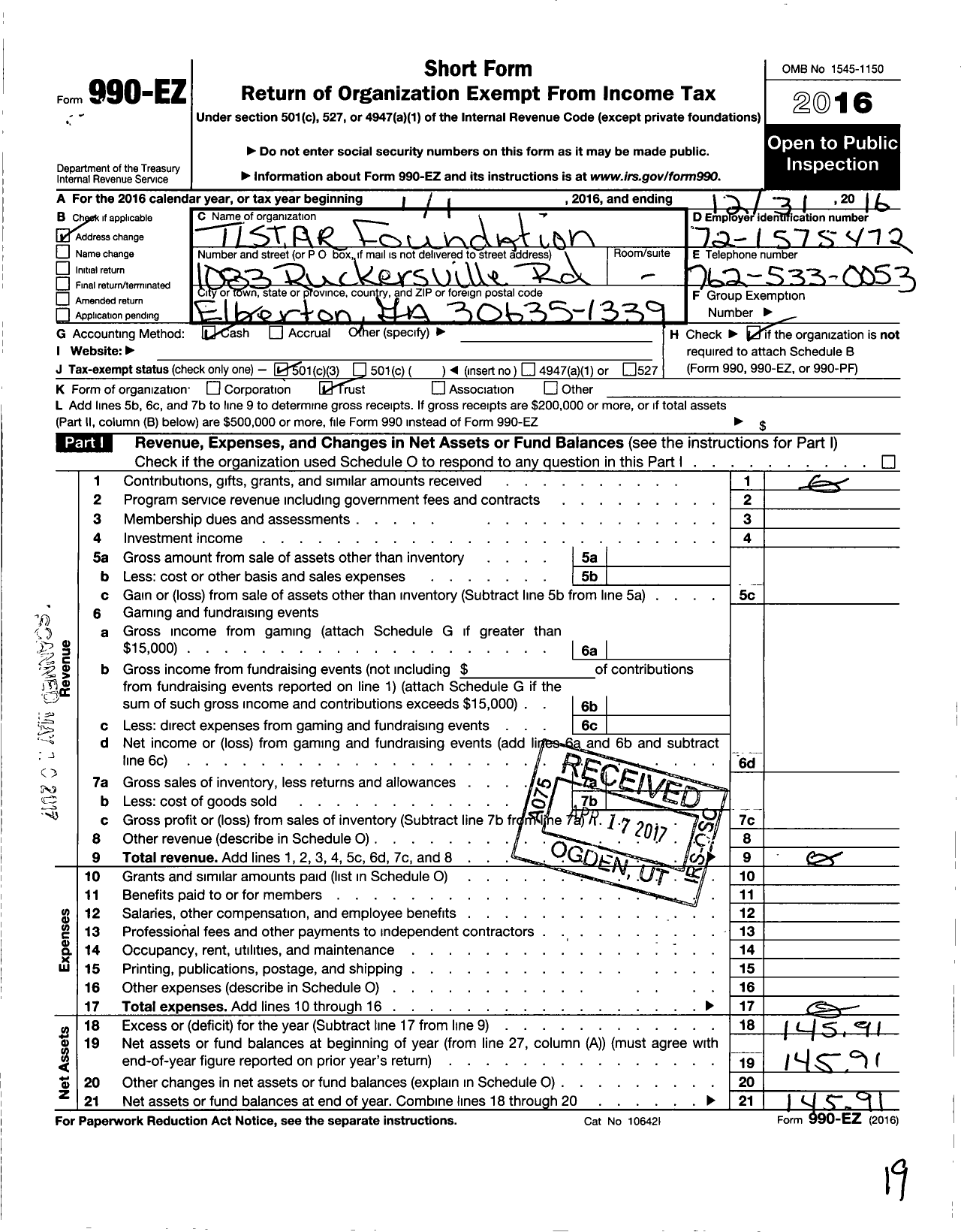 Image of first page of 2016 Form 990EZ for The Tlstar Foundation
