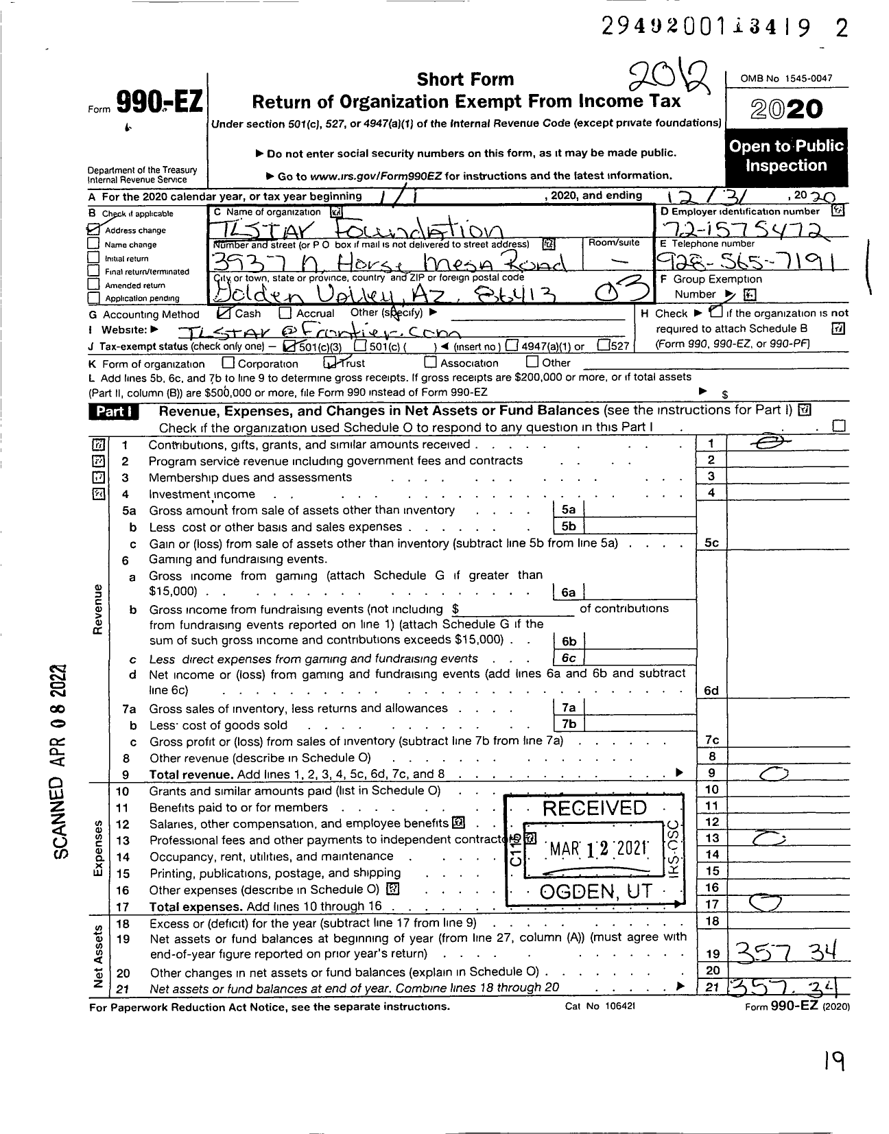 Image of first page of 2020 Form 990EZ for The Tlstar Foundation