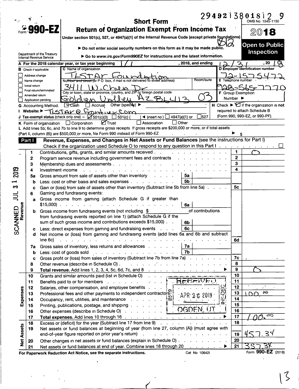 Image of first page of 2018 Form 990EZ for The Tlstar Foundation