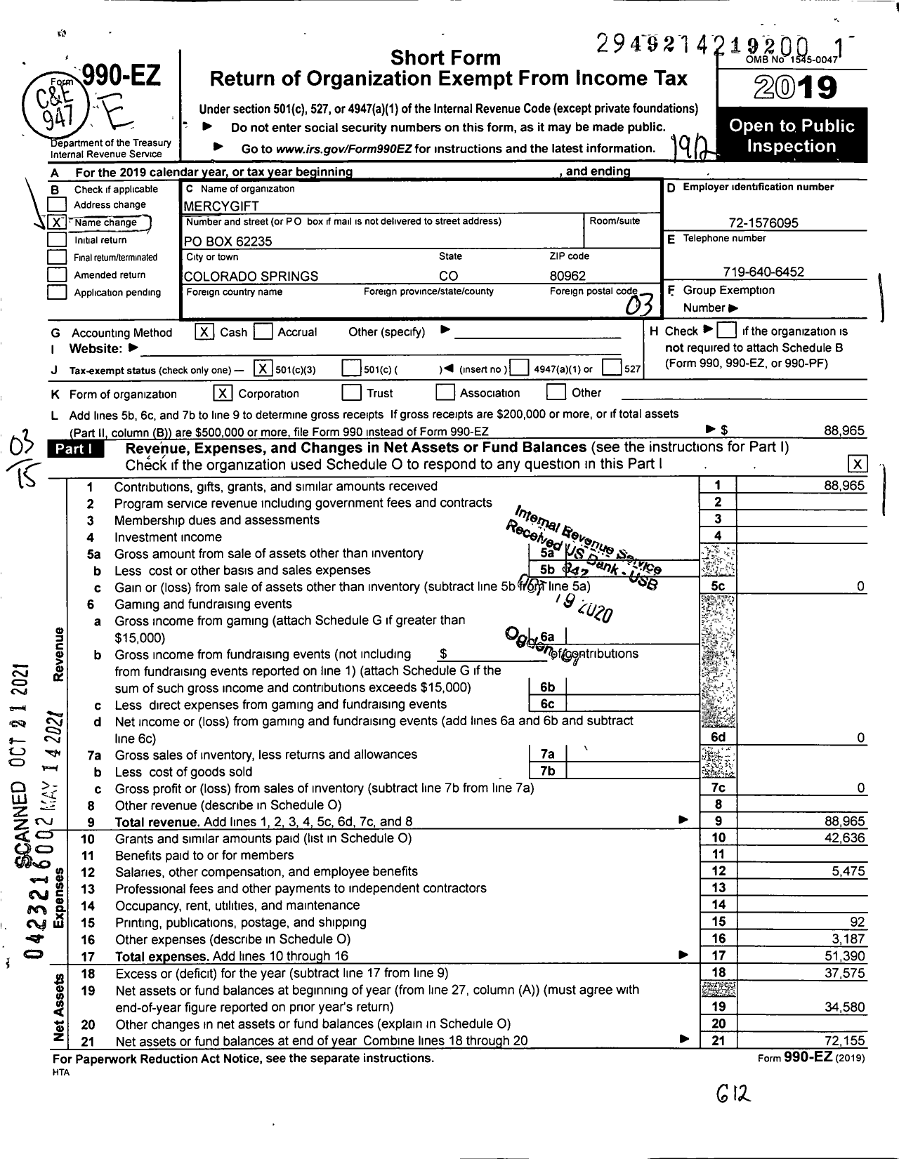 Image of first page of 2019 Form 990EZ for MercyGift