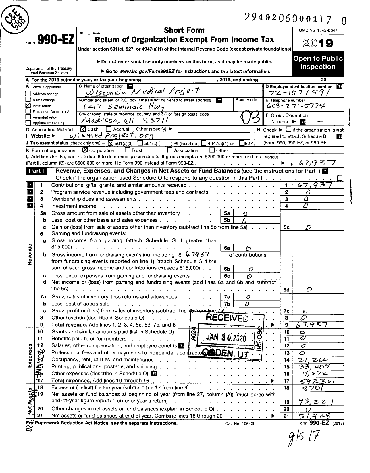 Image of first page of 2019 Form 990EZ for Wisconsin Medical Project