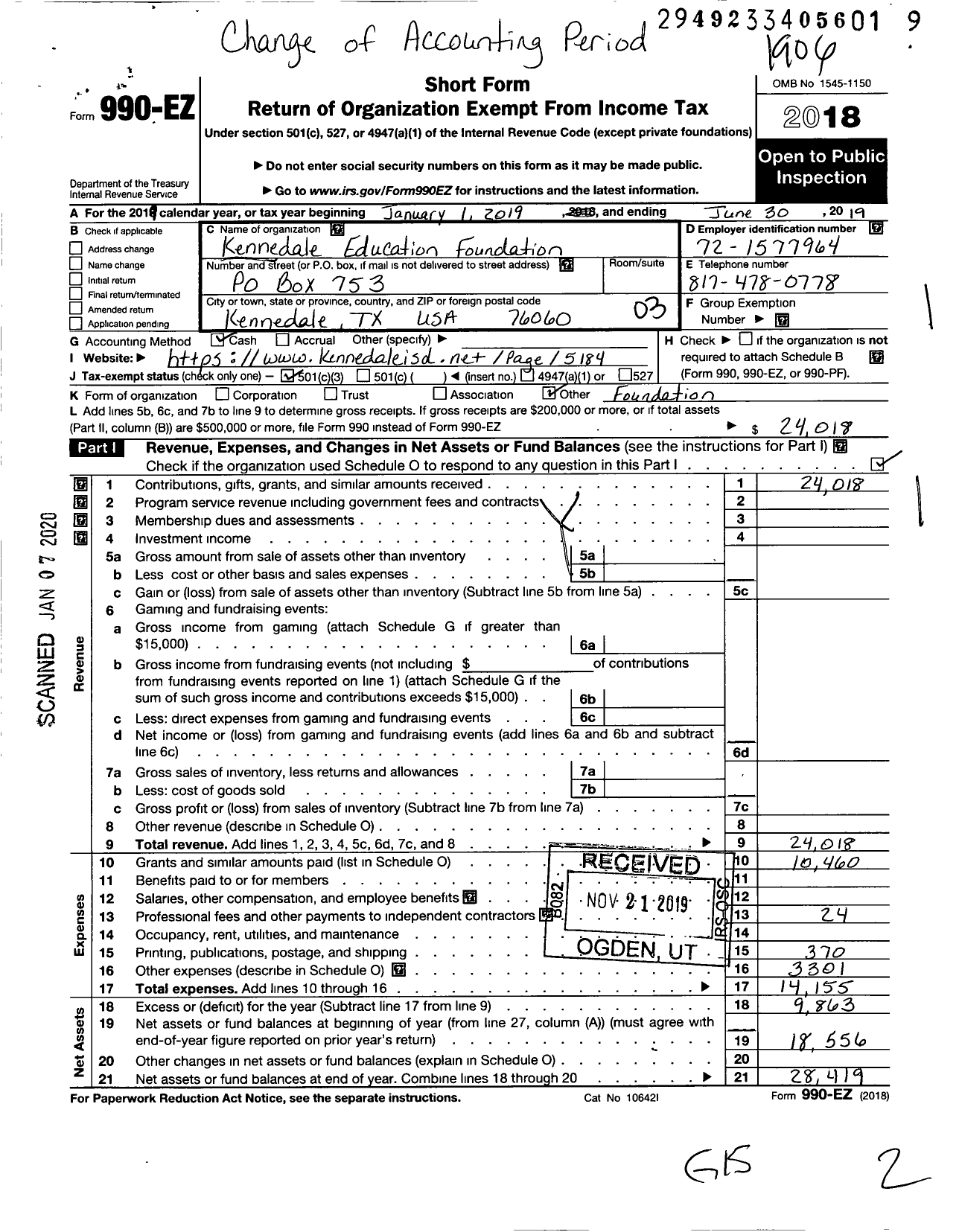 Image of first page of 2018 Form 990EZ for Kennedale Education Foundation