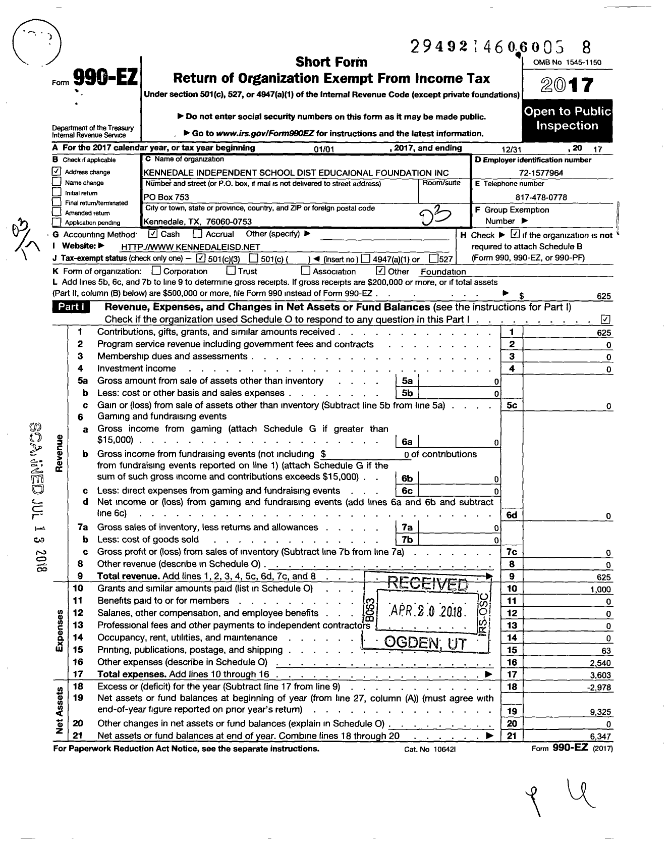 Image of first page of 2017 Form 990EZ for Kennedale Education Foundation