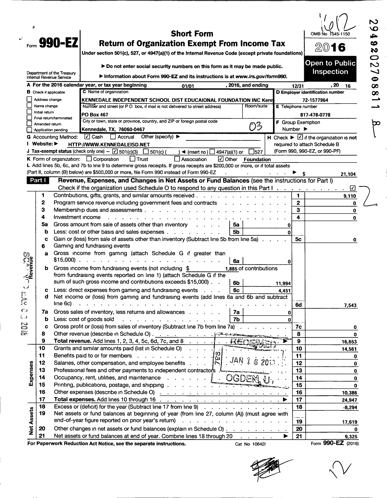 Image of first page of 2016 Form 990EZ for Kennedale Education Foundation