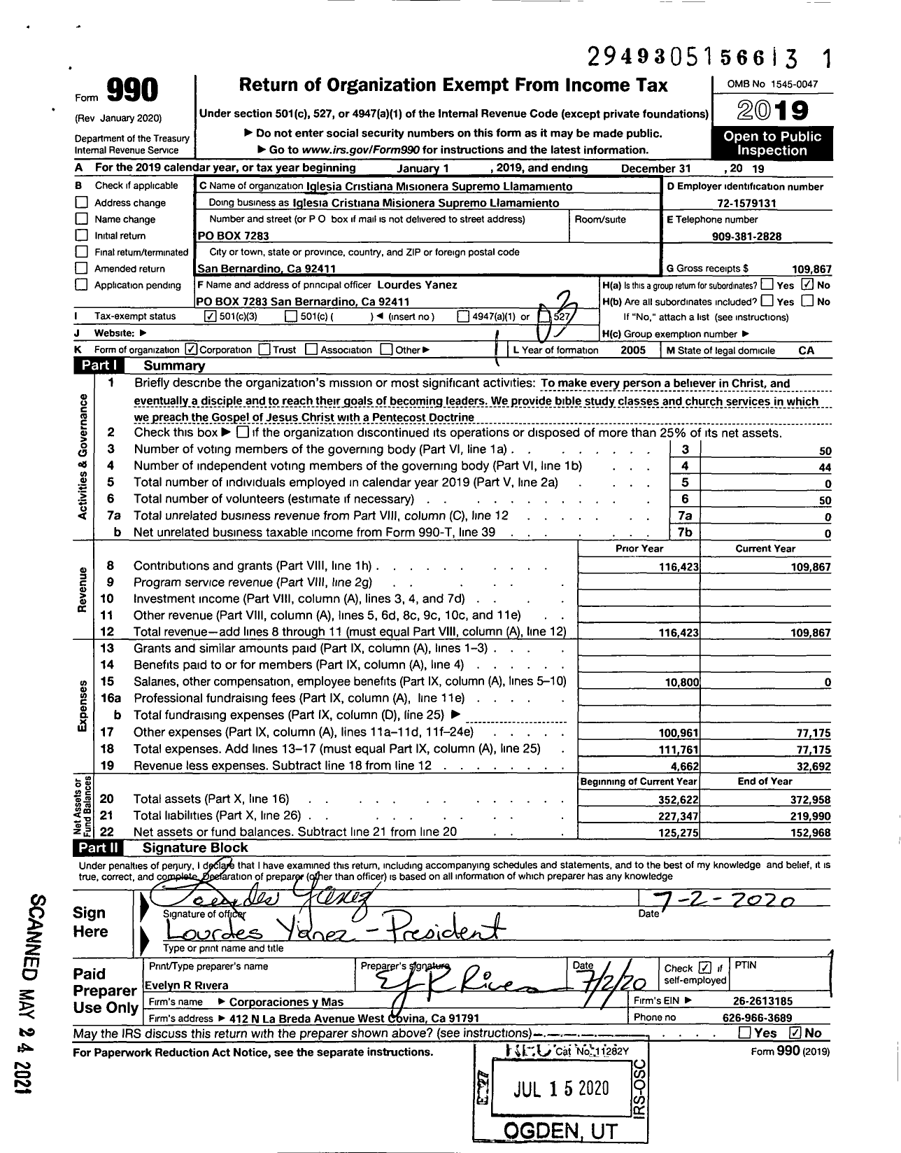 Image of first page of 2019 Form 990 for Iglesia Cristiana Misionera Supremo Llamamiento