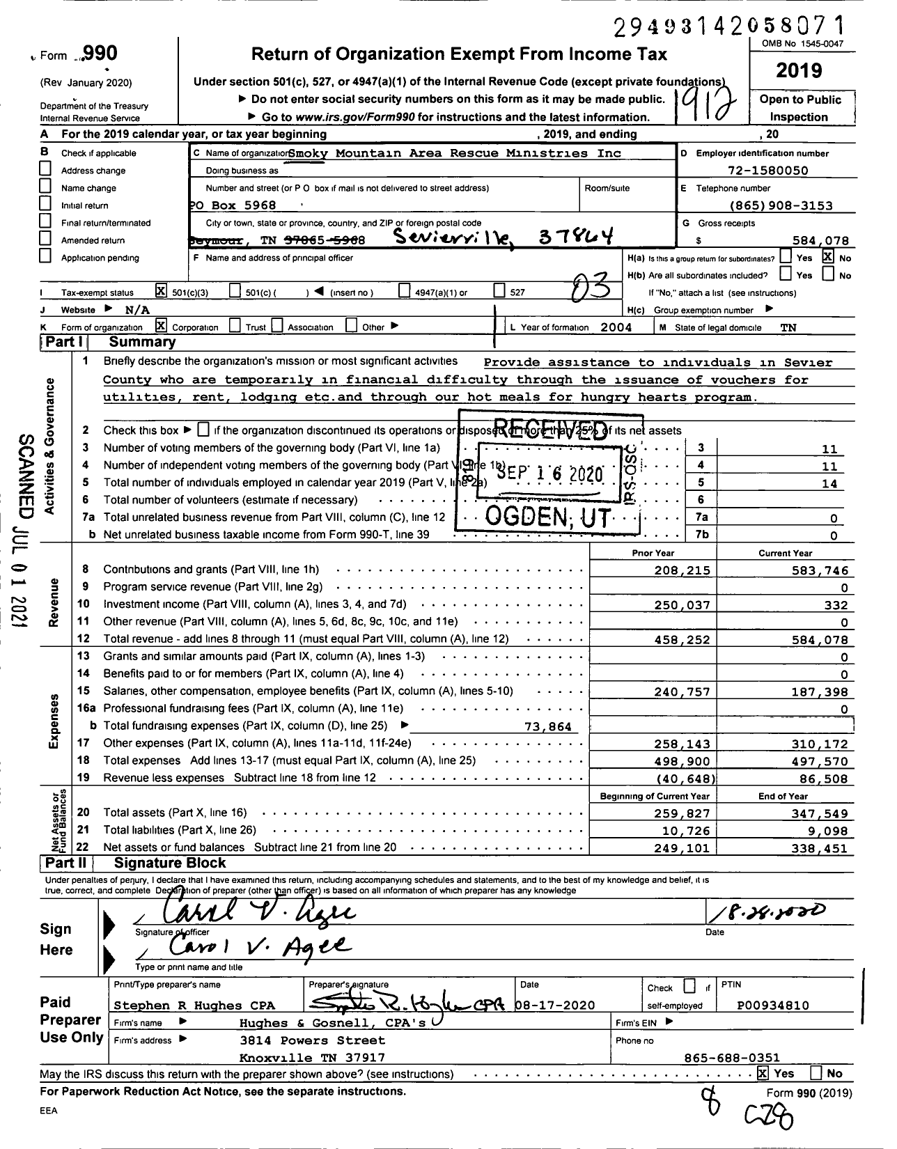 Image of first page of 2019 Form 990 for Smoky Mountain Area Rescue Ministries