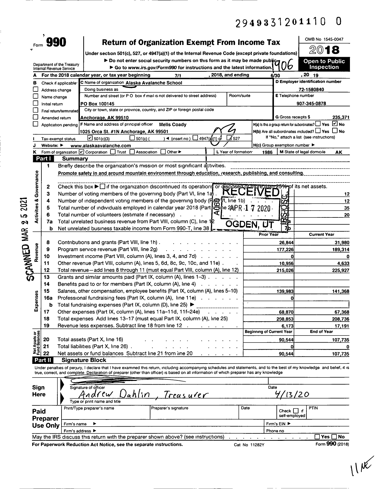 Image of first page of 2018 Form 990 for Alaska Avalanche School