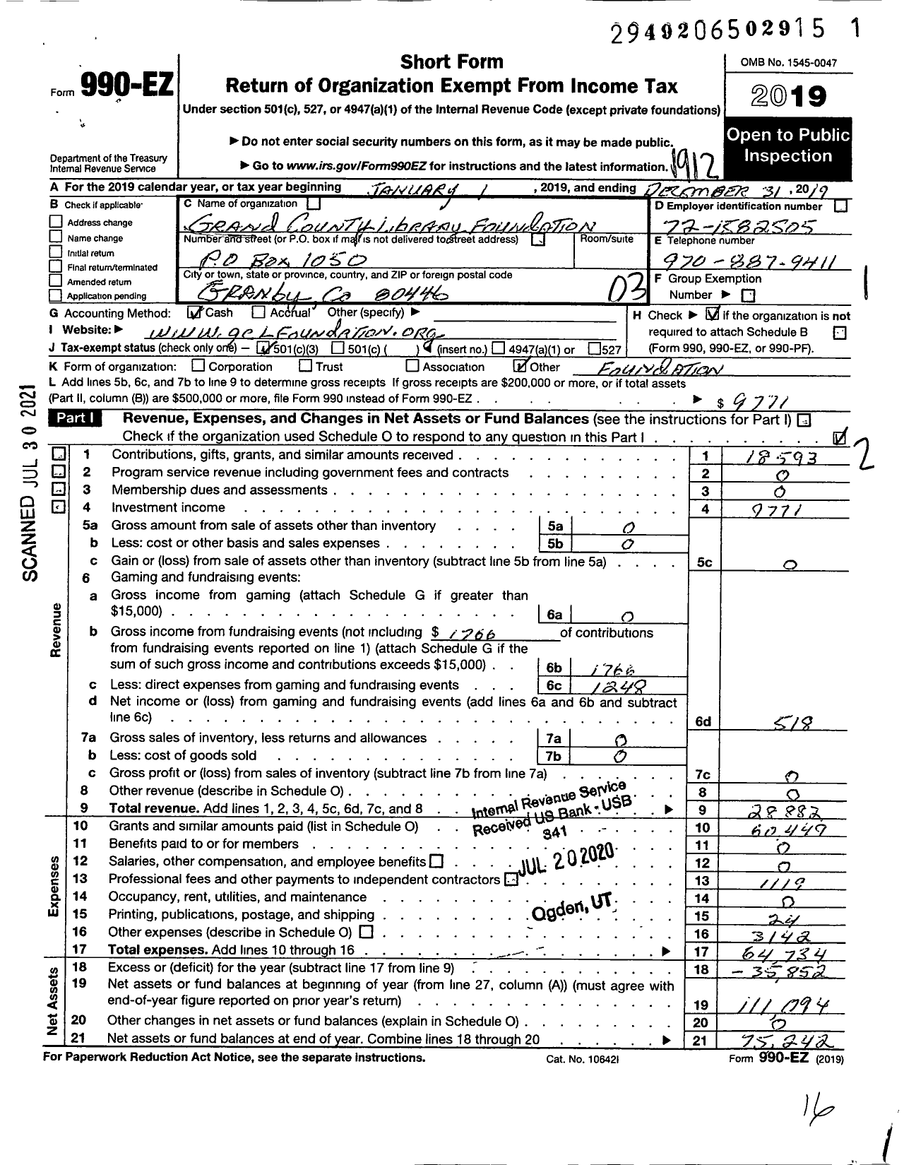 Image of first page of 2019 Form 990EZ for Grand County Library Foundation