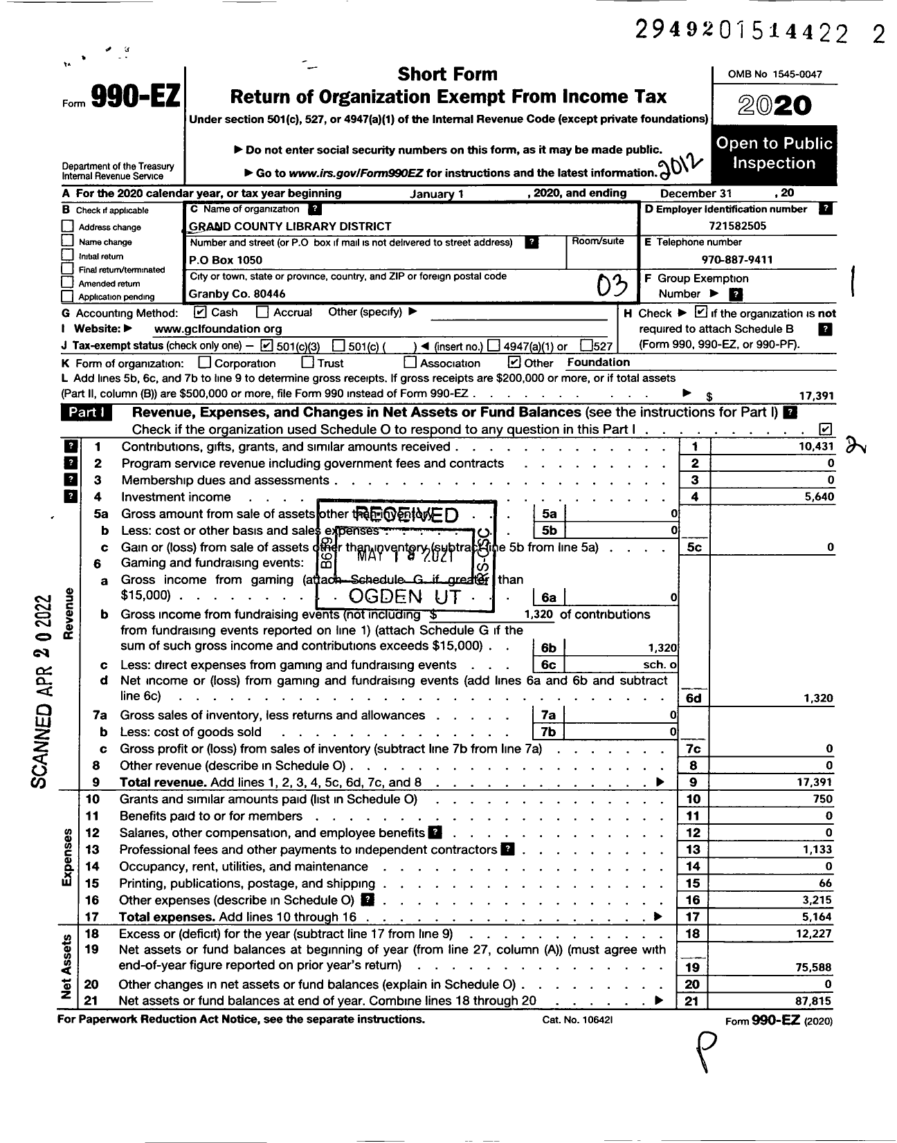 Image of first page of 2020 Form 990EZ for Grand County Library Foundation