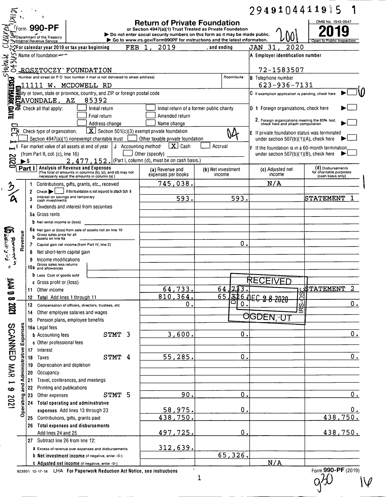 Image of first page of 2019 Form 990PF for Rosztoczy Foundation