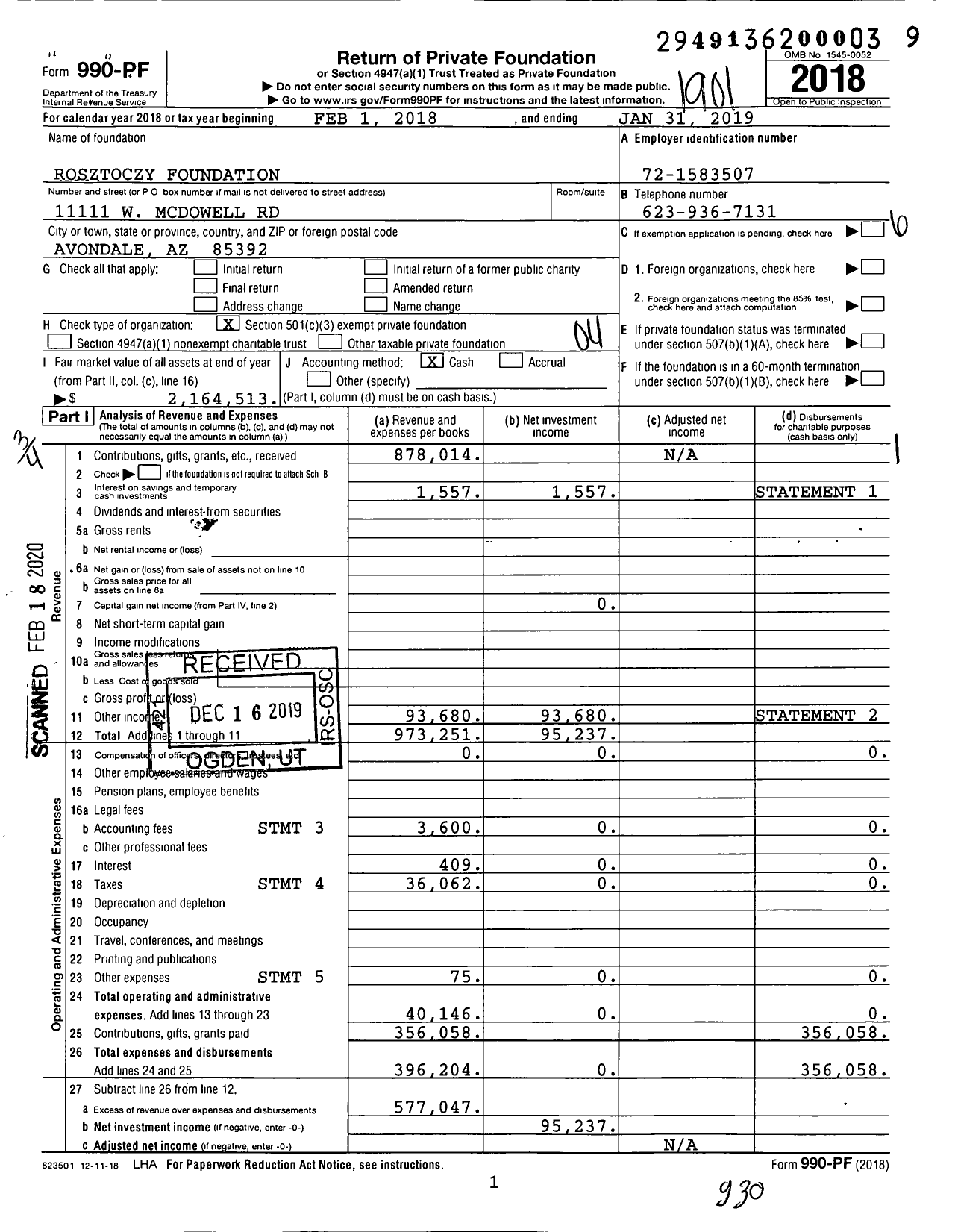 Image of first page of 2018 Form 990PF for Rosztoczy Foundation