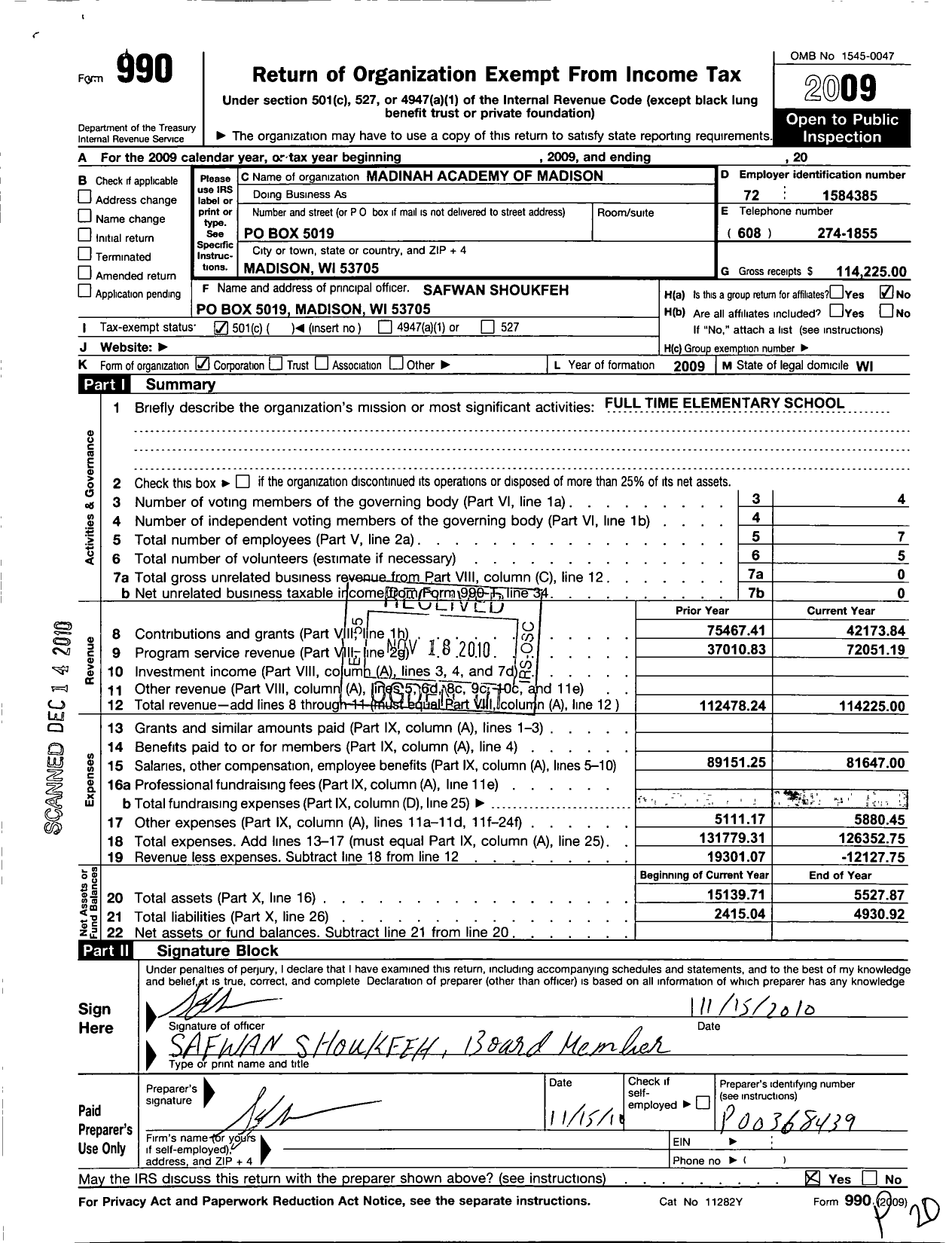 Image of first page of 2009 Form 990O for Madinah Academy of Madison