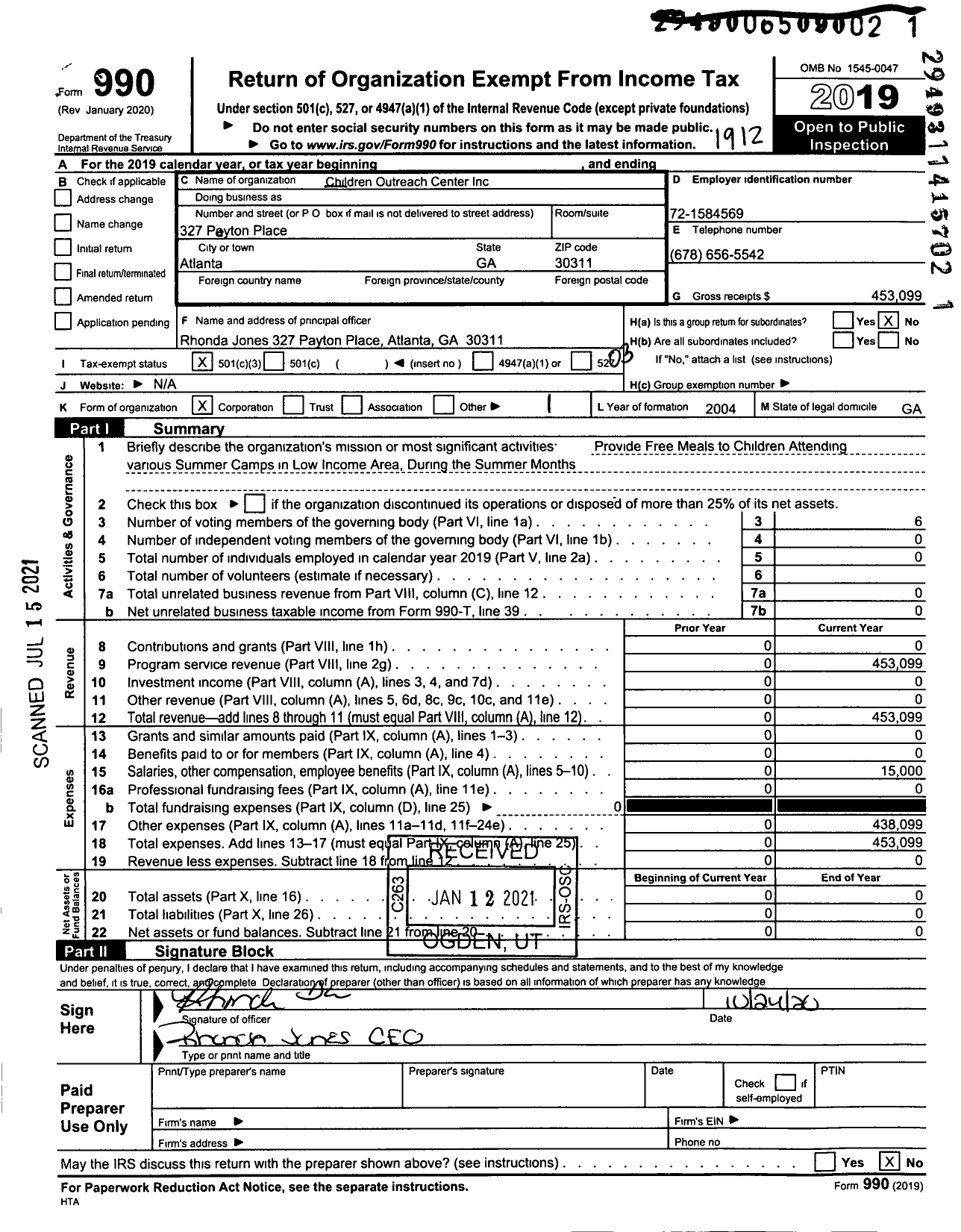 Image of first page of 2019 Form 990 for Childrens Outreach Center