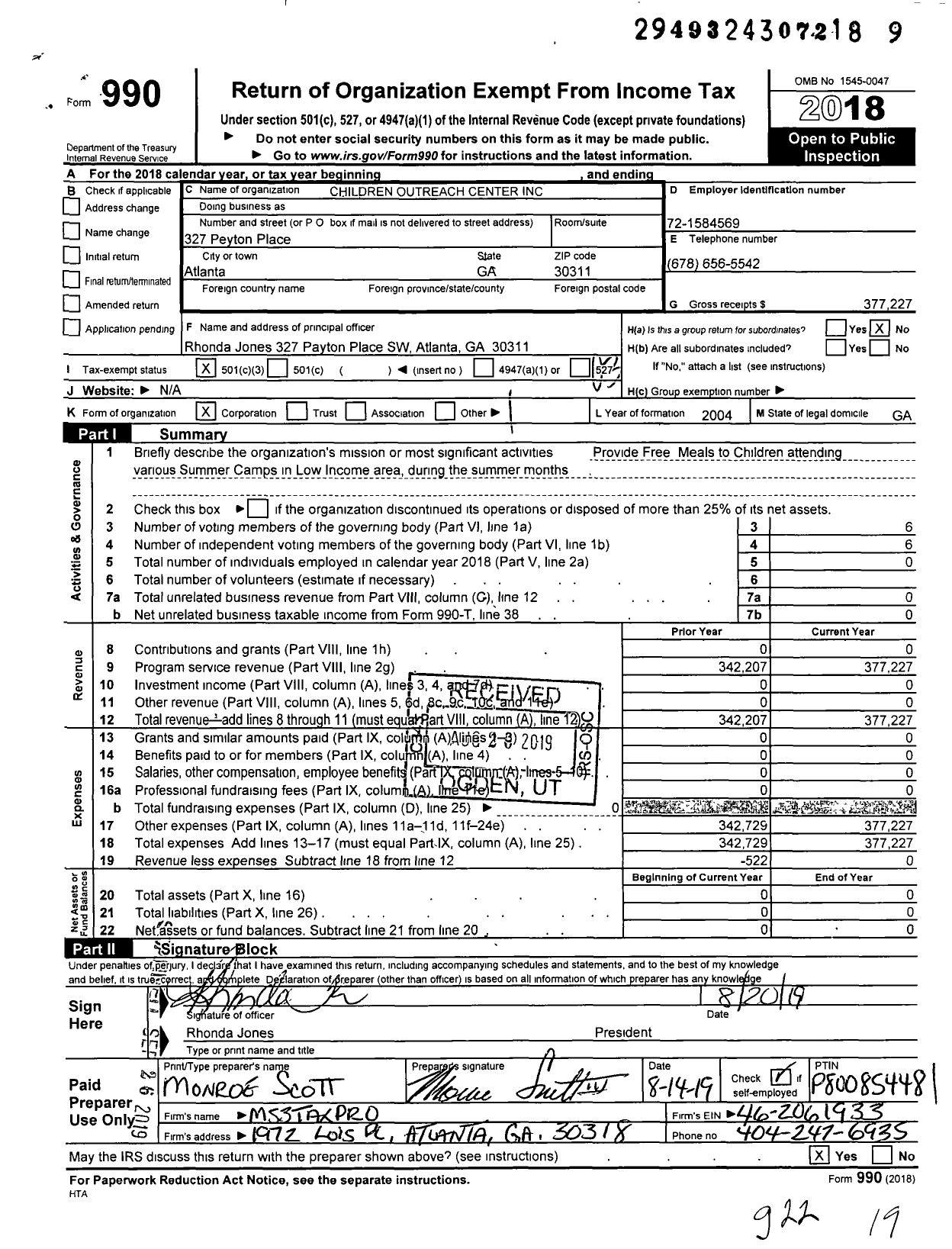 Image of first page of 2018 Form 990 for Childrens Outreach Center