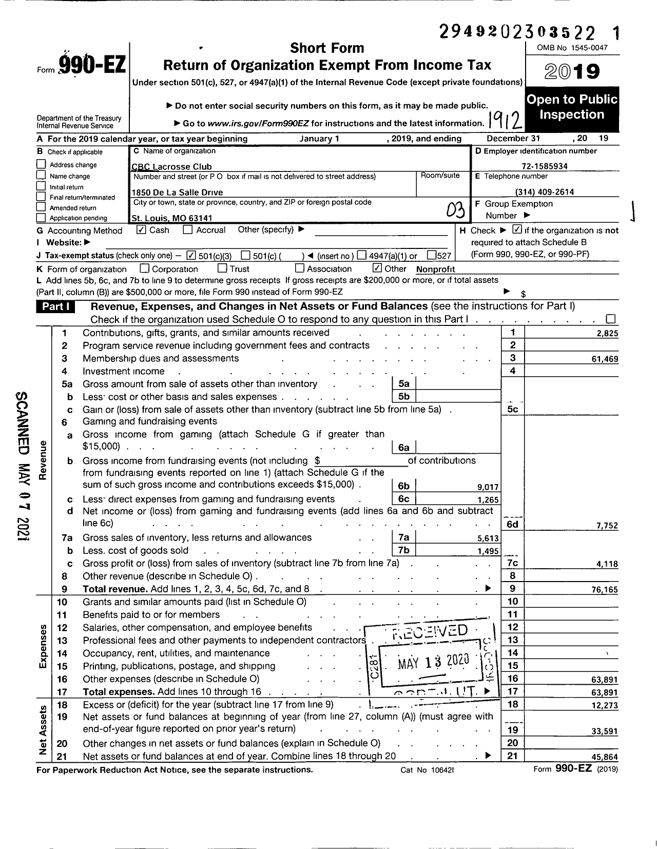 Image of first page of 2019 Form 990EZ for CBC Lacrosse Club