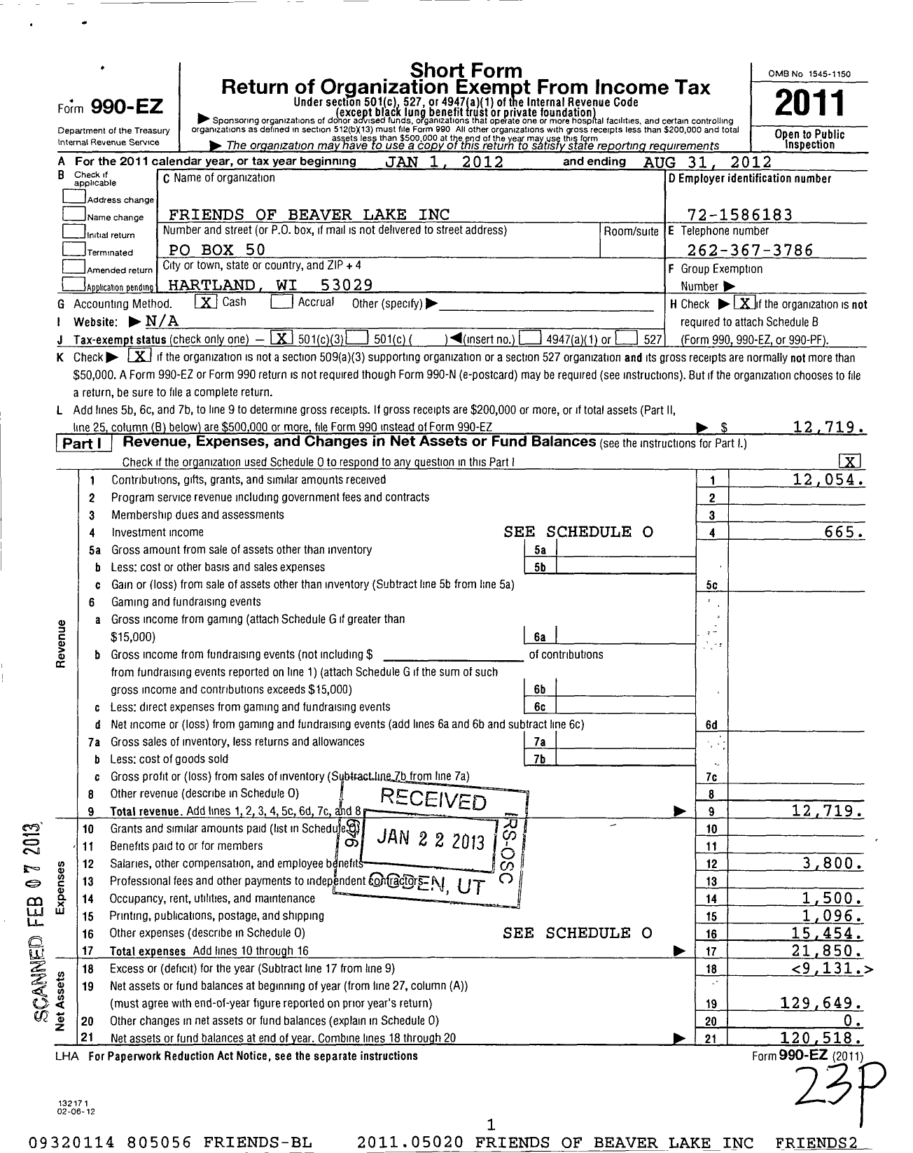 Image of first page of 2011 Form 990EZ for Friends of Beaver Lake