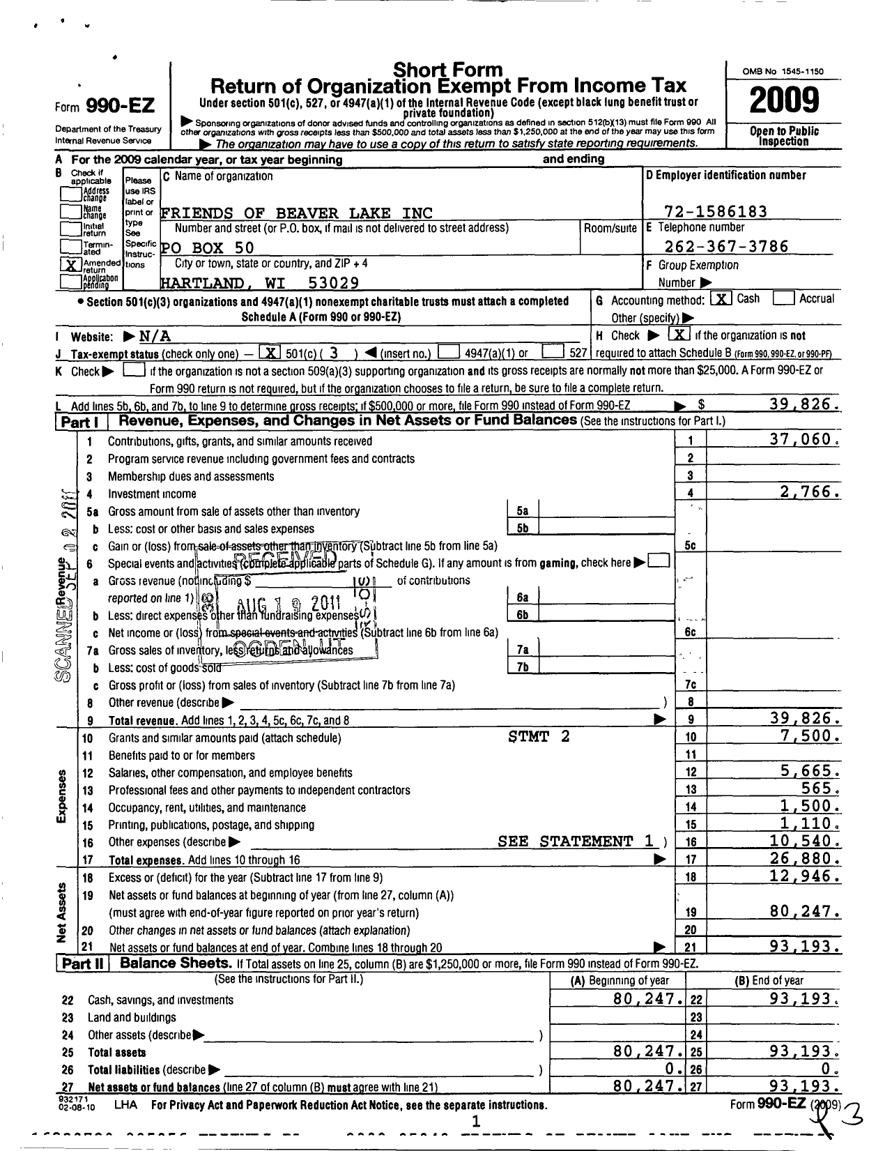 Image of first page of 2009 Form 990EZ for Friends of Beaver Lake