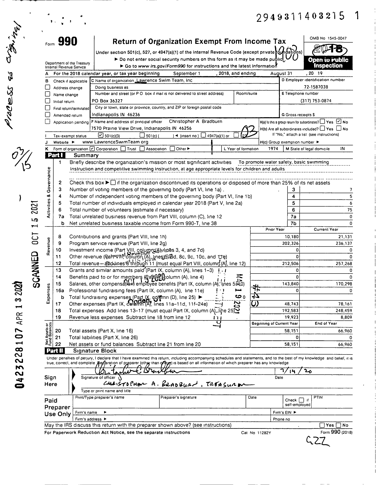 Image of first page of 2018 Form 990 for Lawrence Swim Team