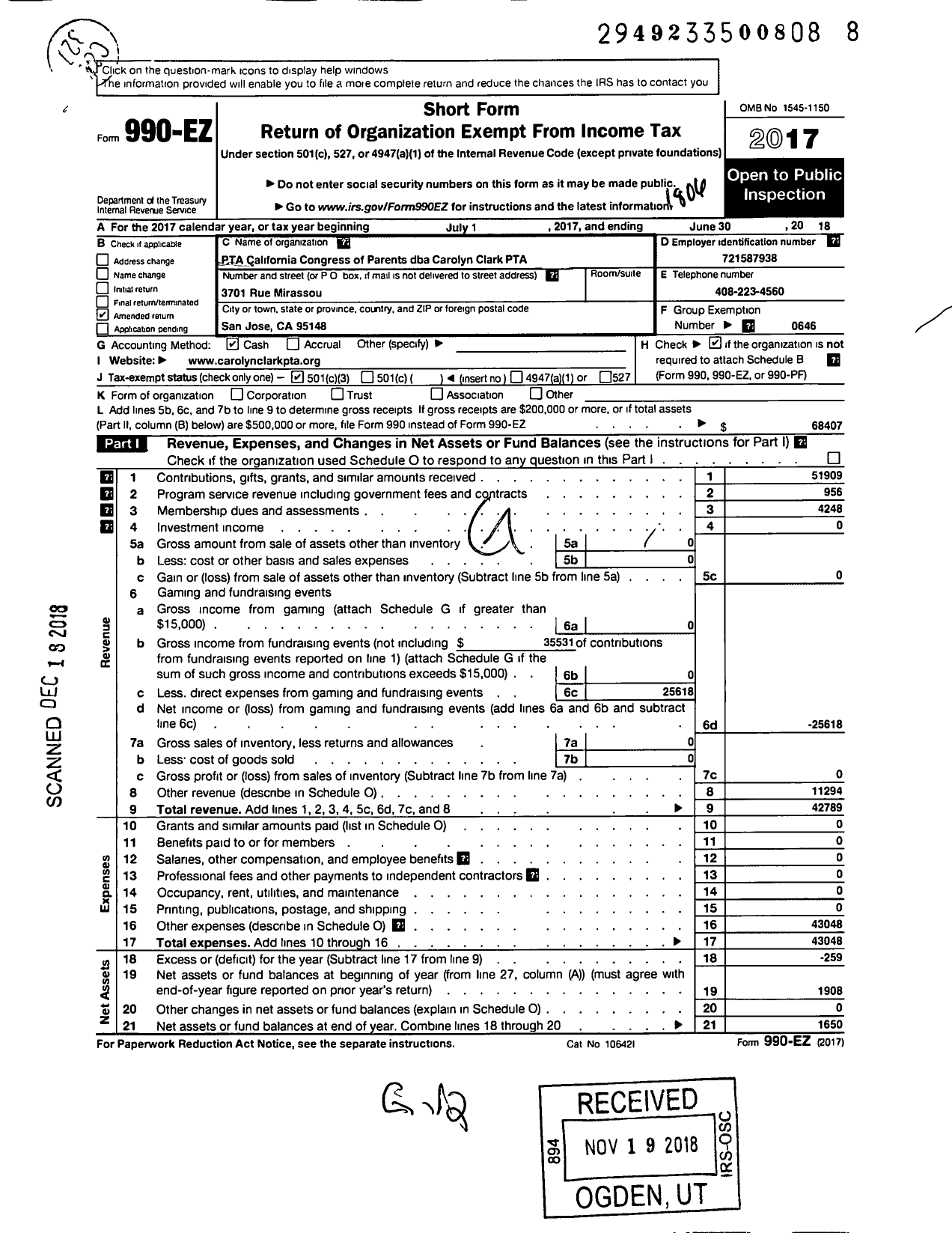 Image of first page of 2017 Form 990EZ for California State PTA - Carolyn Clark PTA