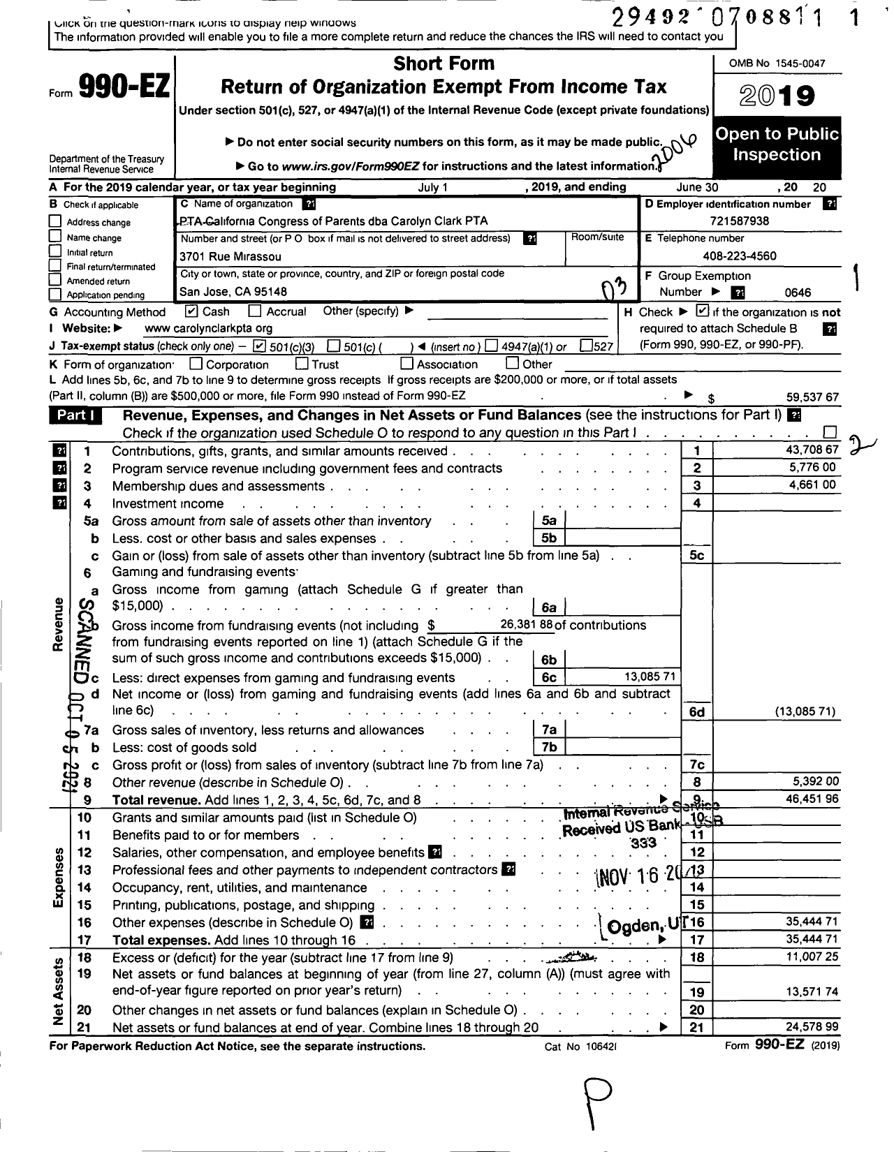 Image of first page of 2019 Form 990EZ for California State PTA - Carolyn Clark PTA