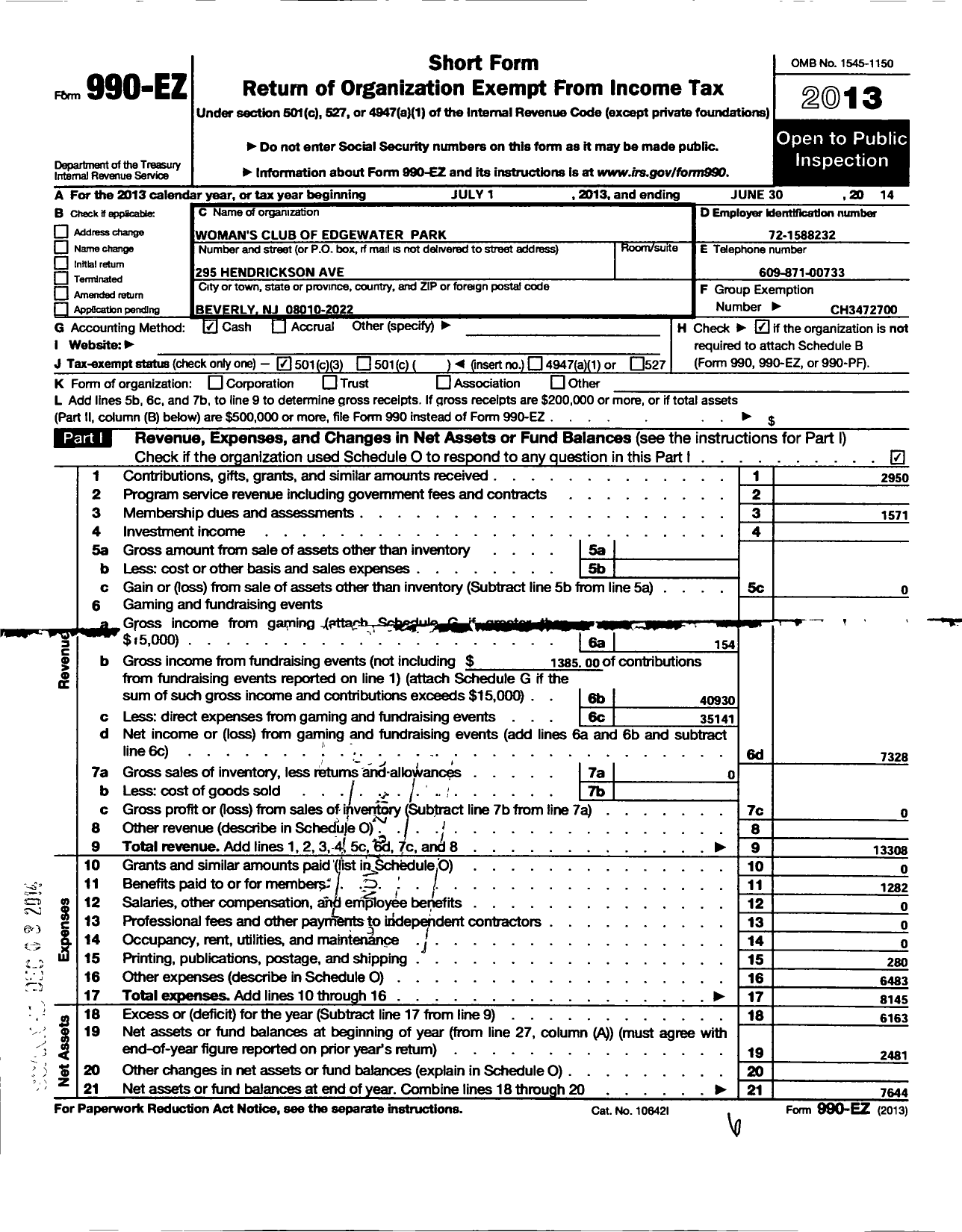 Image of first page of 2013 Form 990EZ for New Jersey State Federation of Women's Clubs - Womans Club of Edgewater Park