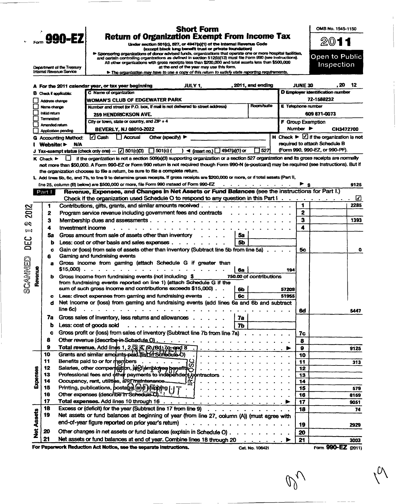 Image of first page of 2011 Form 990EZ for New Jersey State Federation of Women's Clubs - Womans Club of Edgewater Park