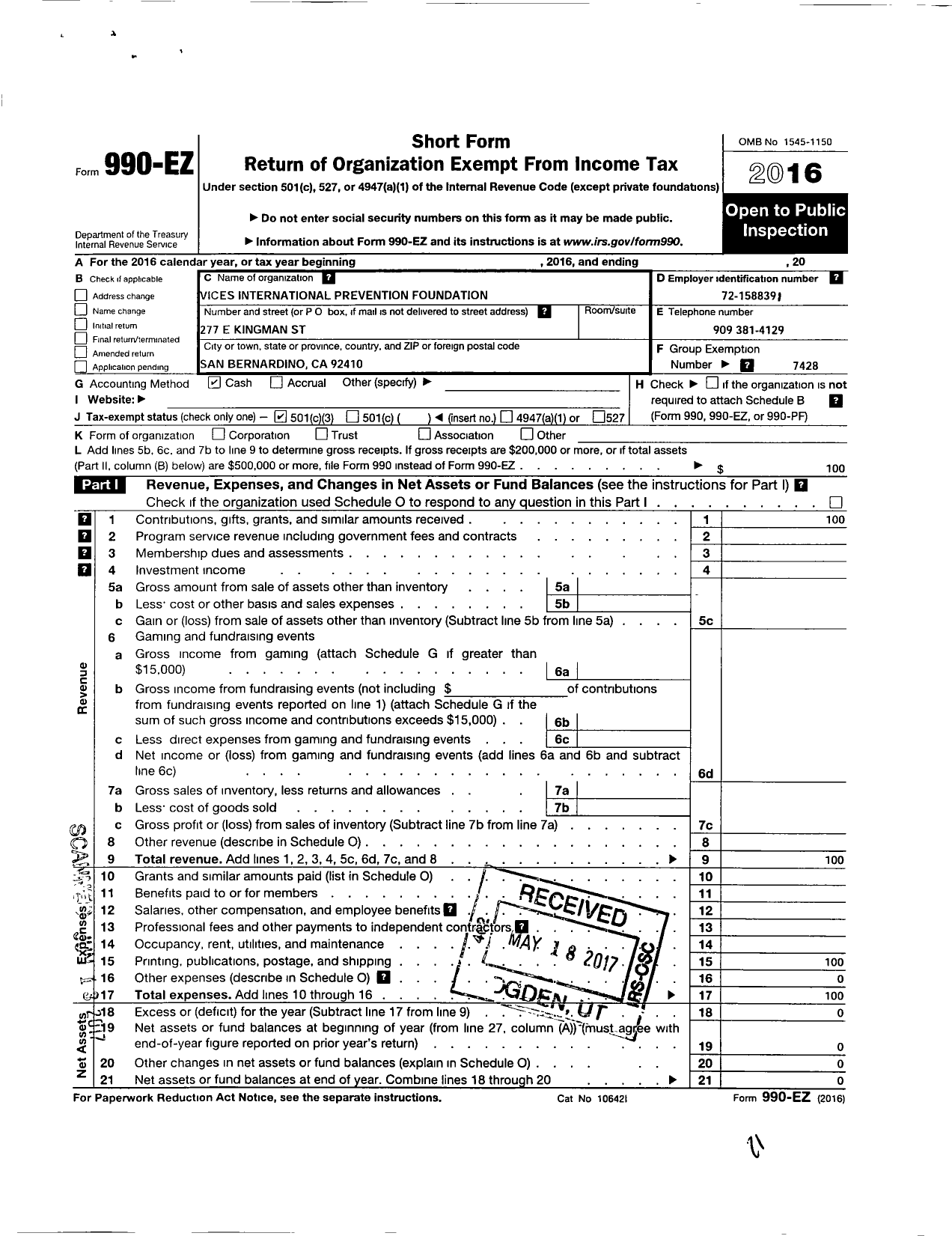 Image of first page of 2016 Form 990EZ for Vices International Prevention Foundation