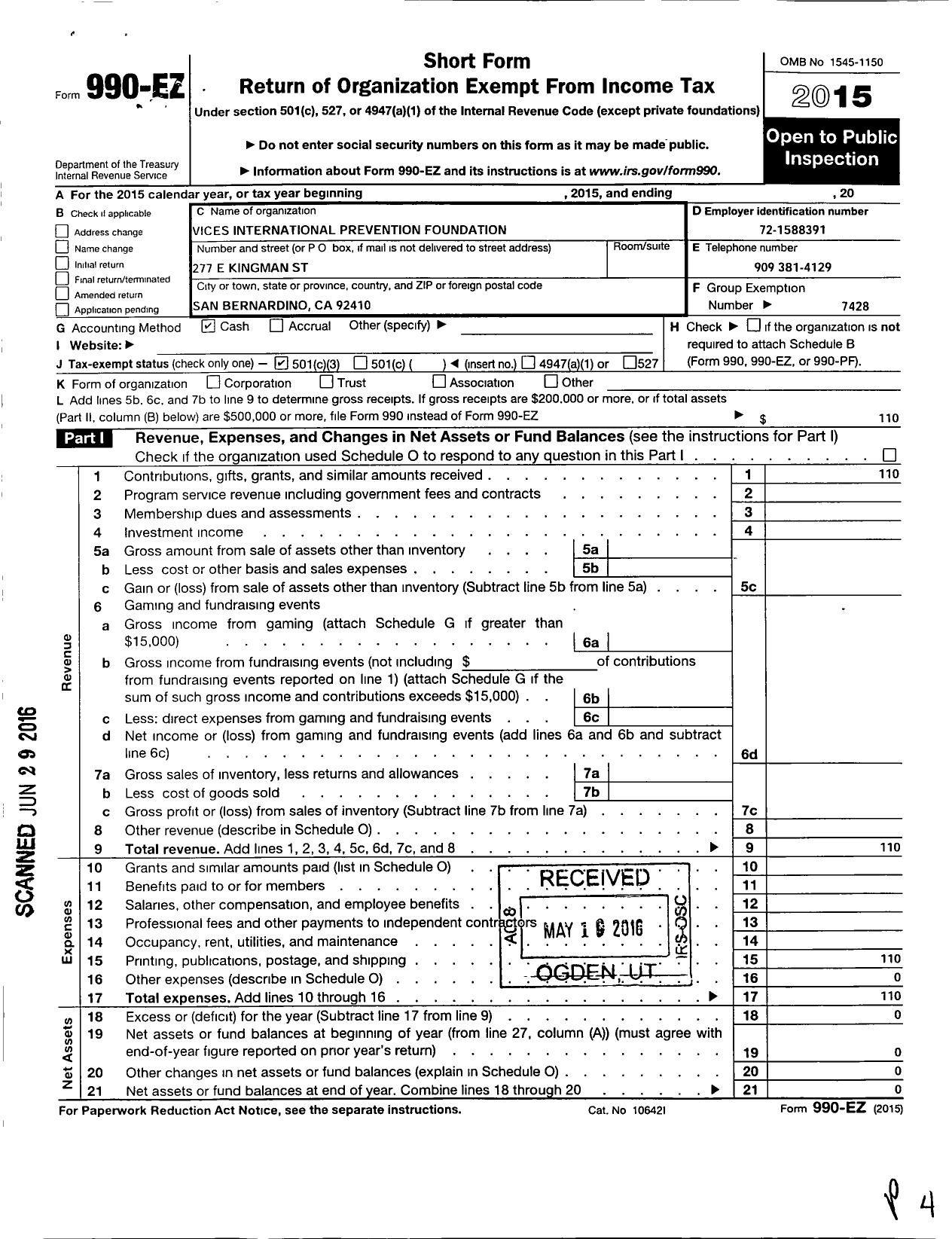 Image of first page of 2015 Form 990EZ for Vices International Prevention Foundation