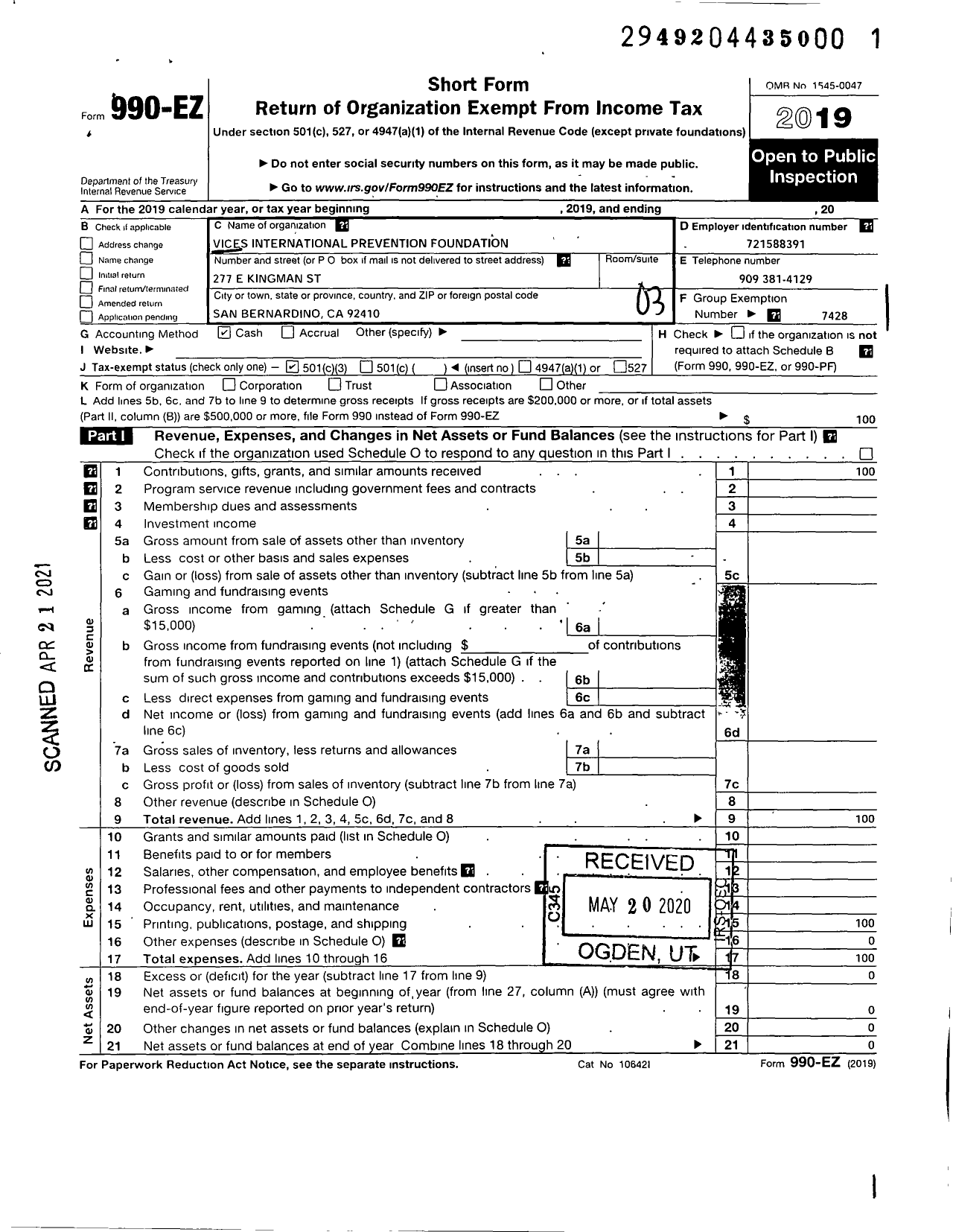 Image of first page of 2019 Form 990EZ for Vices International Prevention Foundation