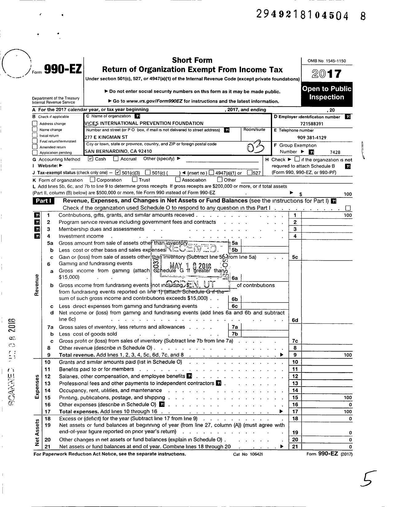 Image of first page of 2017 Form 990EZ for Vices International Prevention Foundation