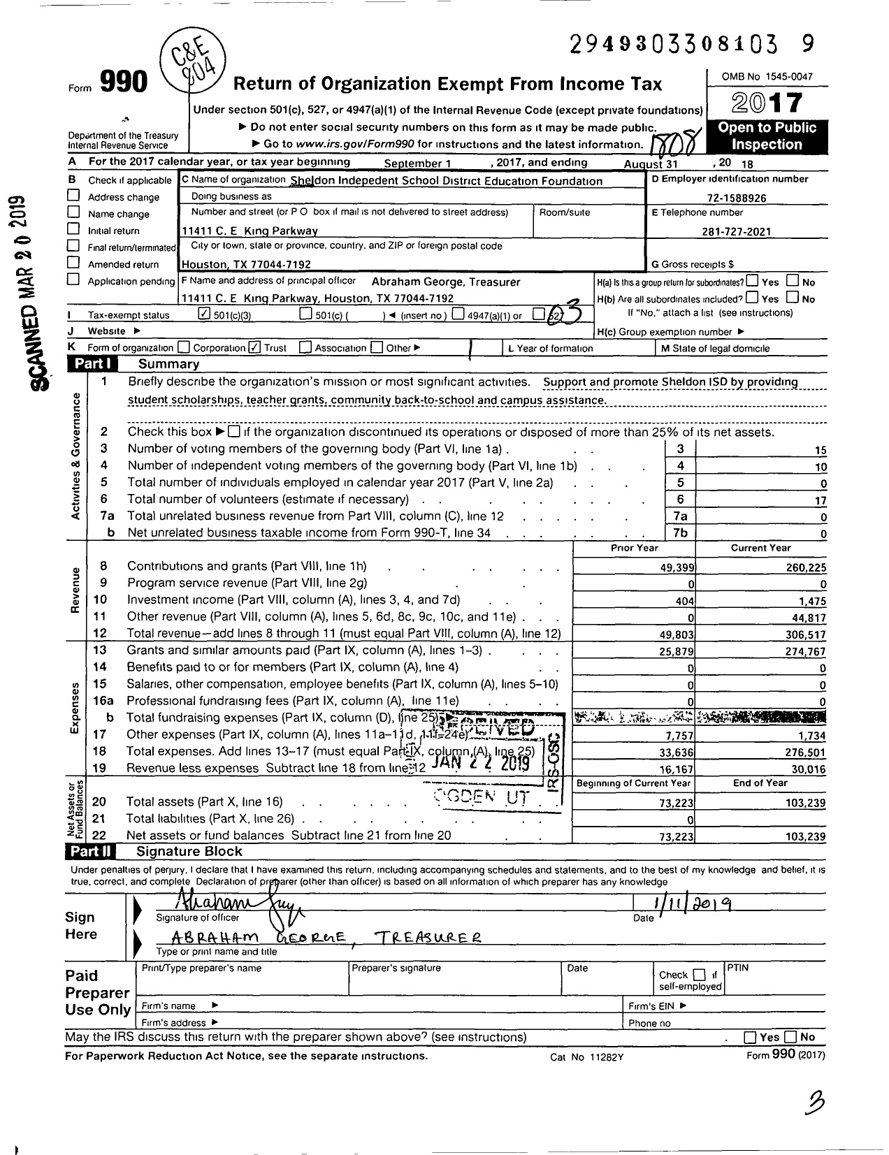 Image of first page of 2017 Form 990 for Sheldon Independent School District Education Foundation