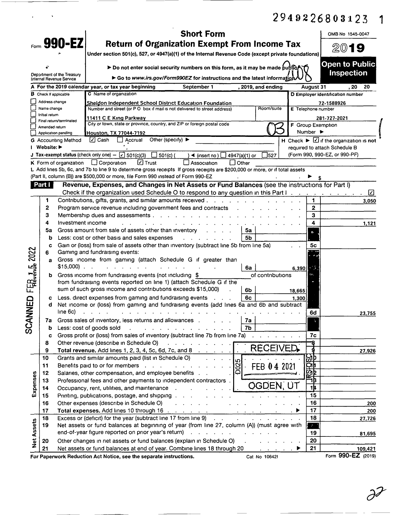 Image of first page of 2019 Form 990EZ for Sheldon Independent School District Education Foundation