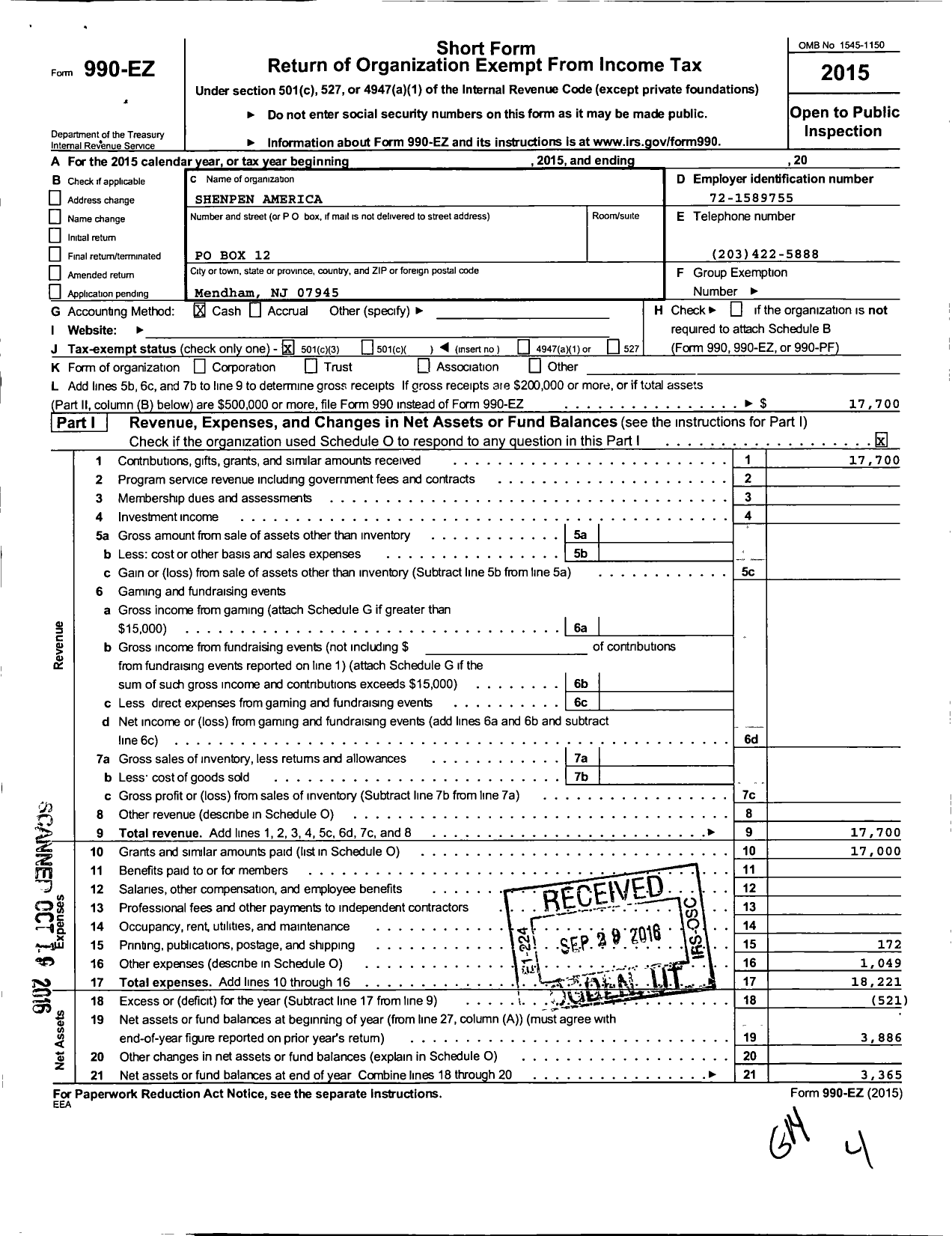 Image of first page of 2015 Form 990EZ for Shenpen America