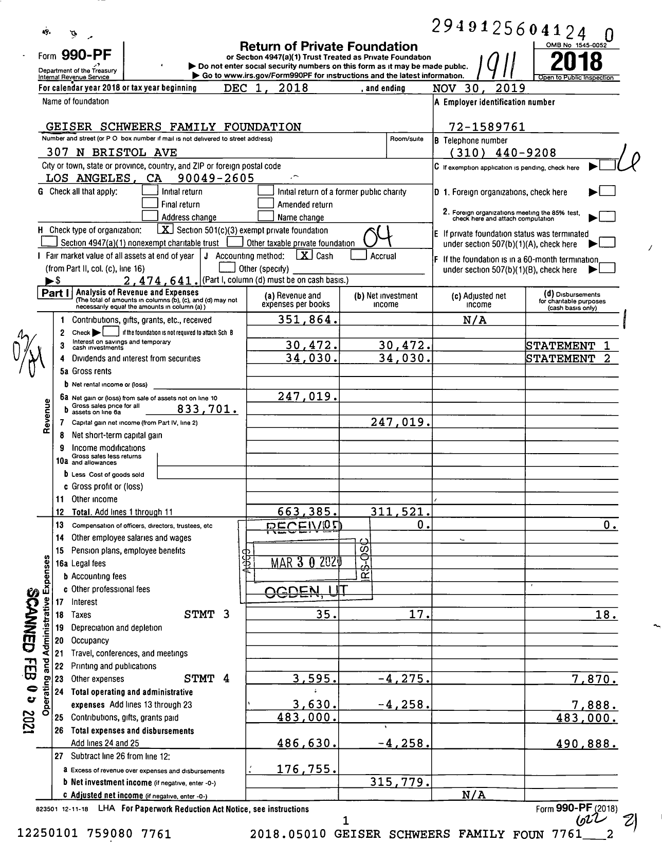 Image of first page of 2018 Form 990PF for Geiser Schweers Family Foundation