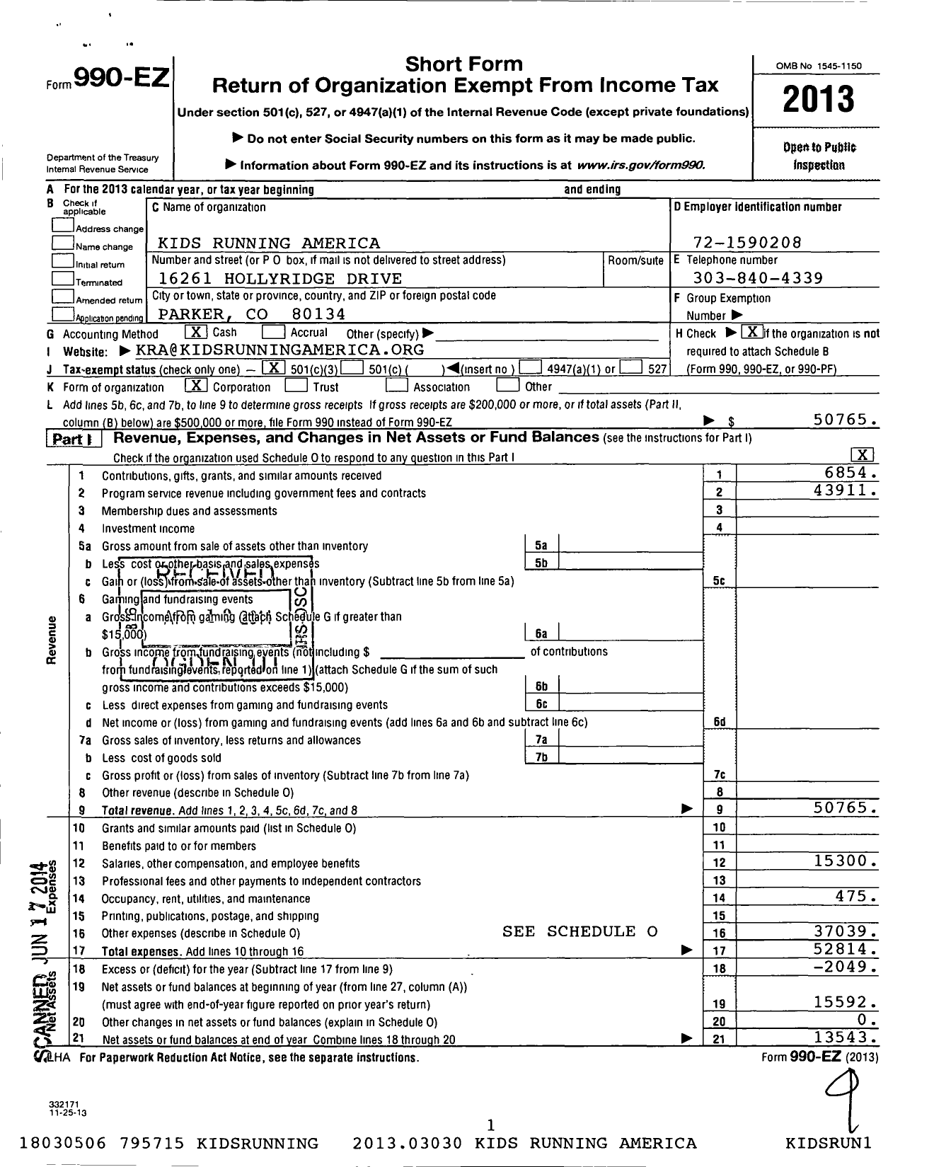 Image of first page of 2013 Form 990EZ for Kids Running America