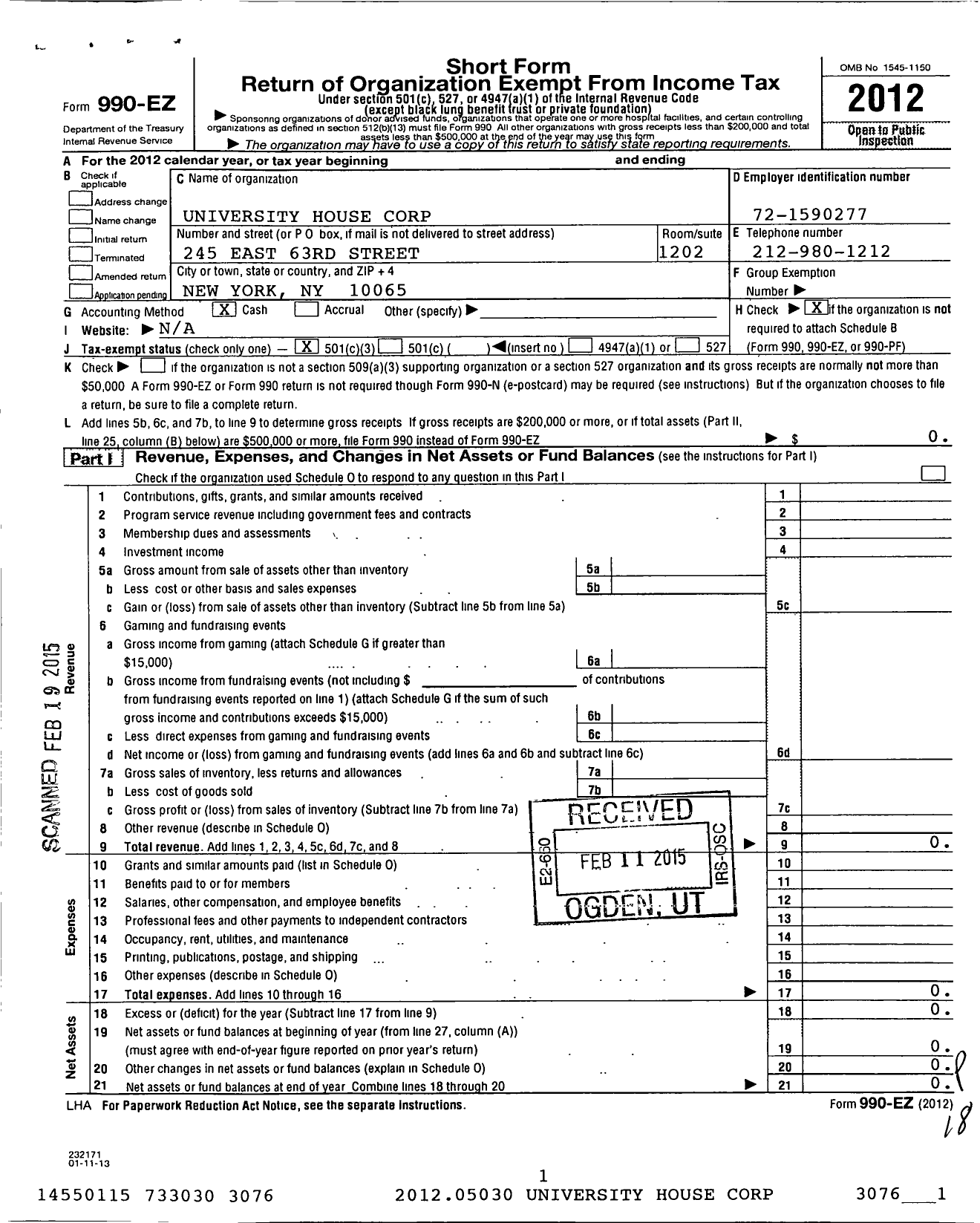 Image of first page of 2012 Form 990EZ for University House Corporation