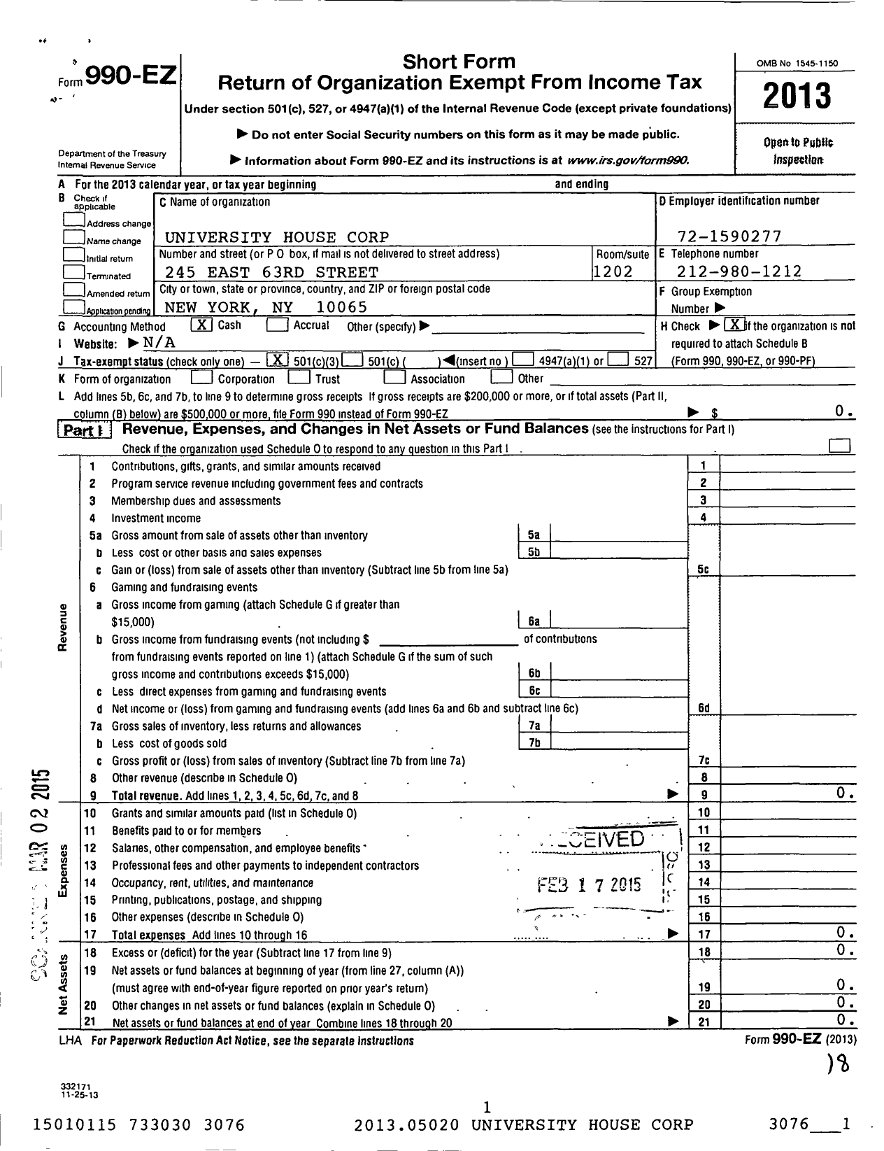 Image of first page of 2013 Form 990EZ for University House Corporation