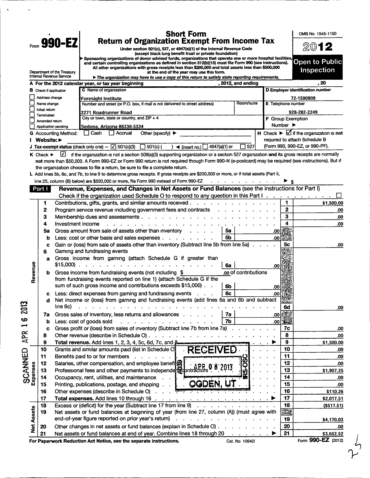 Image of first page of 2012 Form 990EZ for Foresight Institute