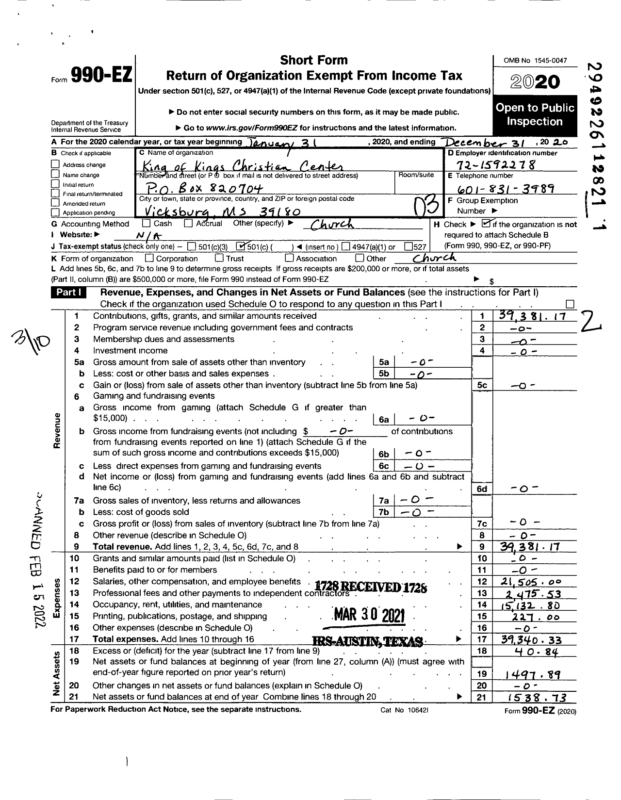 Image of first page of 2020 Form 990EZ for King of Kings Christian Center
