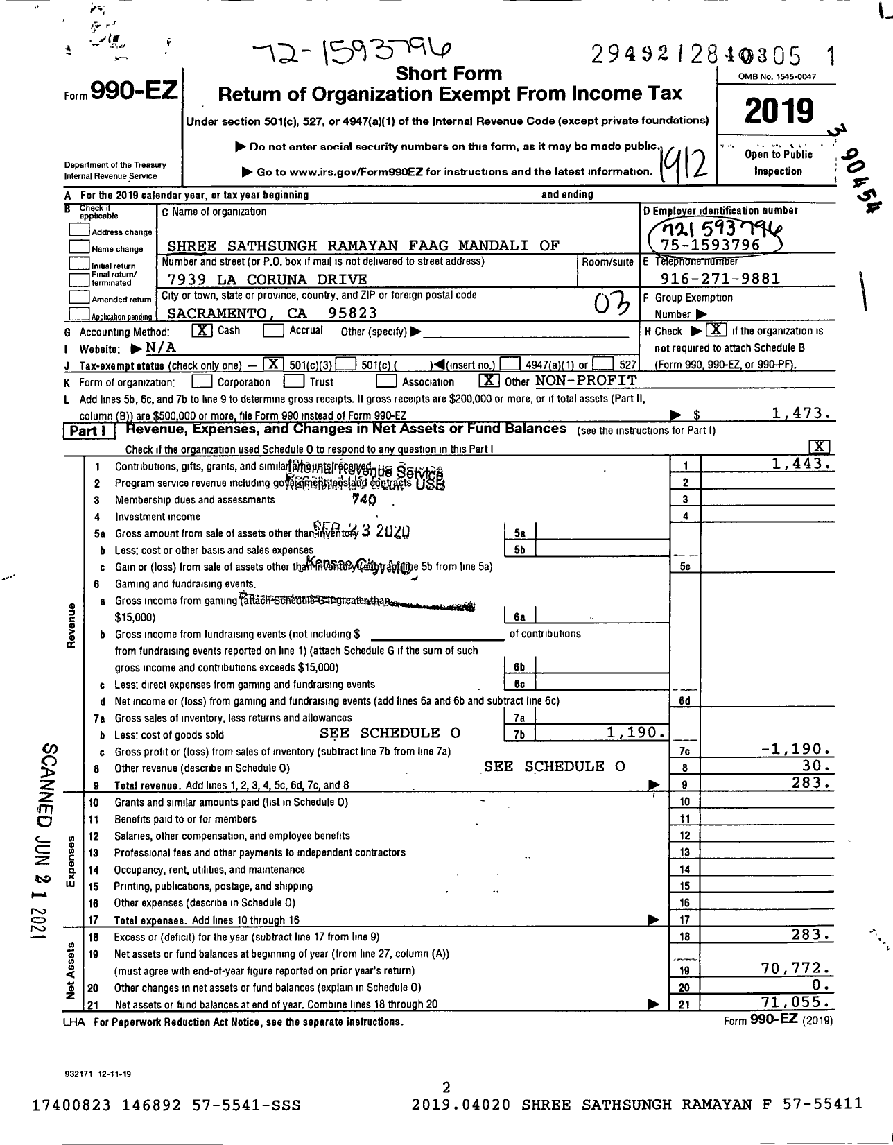 Image of first page of 2019 Form 990EZ for Shree Sathsungh Ramayan Faag Mandali of South Sacramento