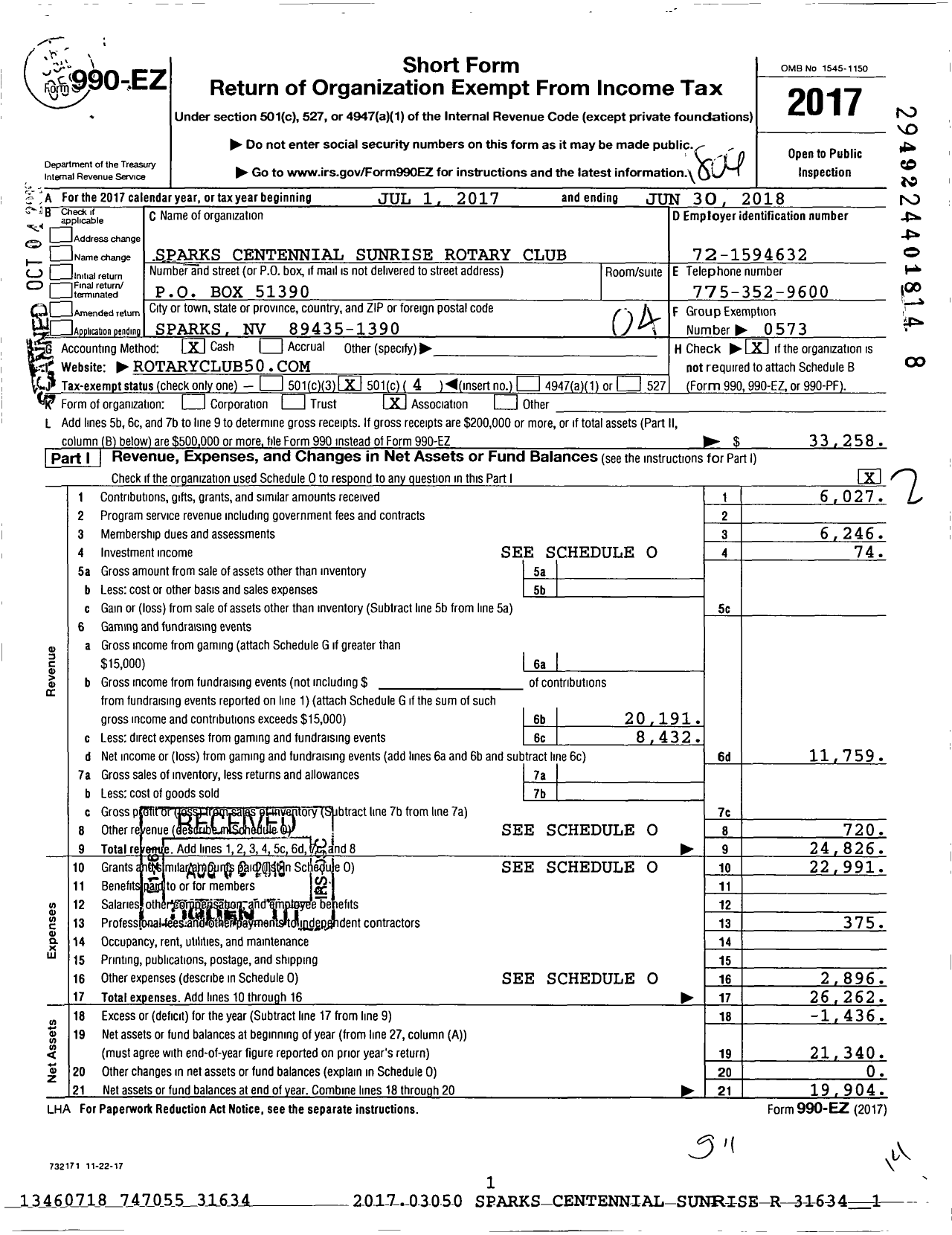 Image of first page of 2017 Form 990EO for Rotary International - Sparks Centennial Sunrise Rotary