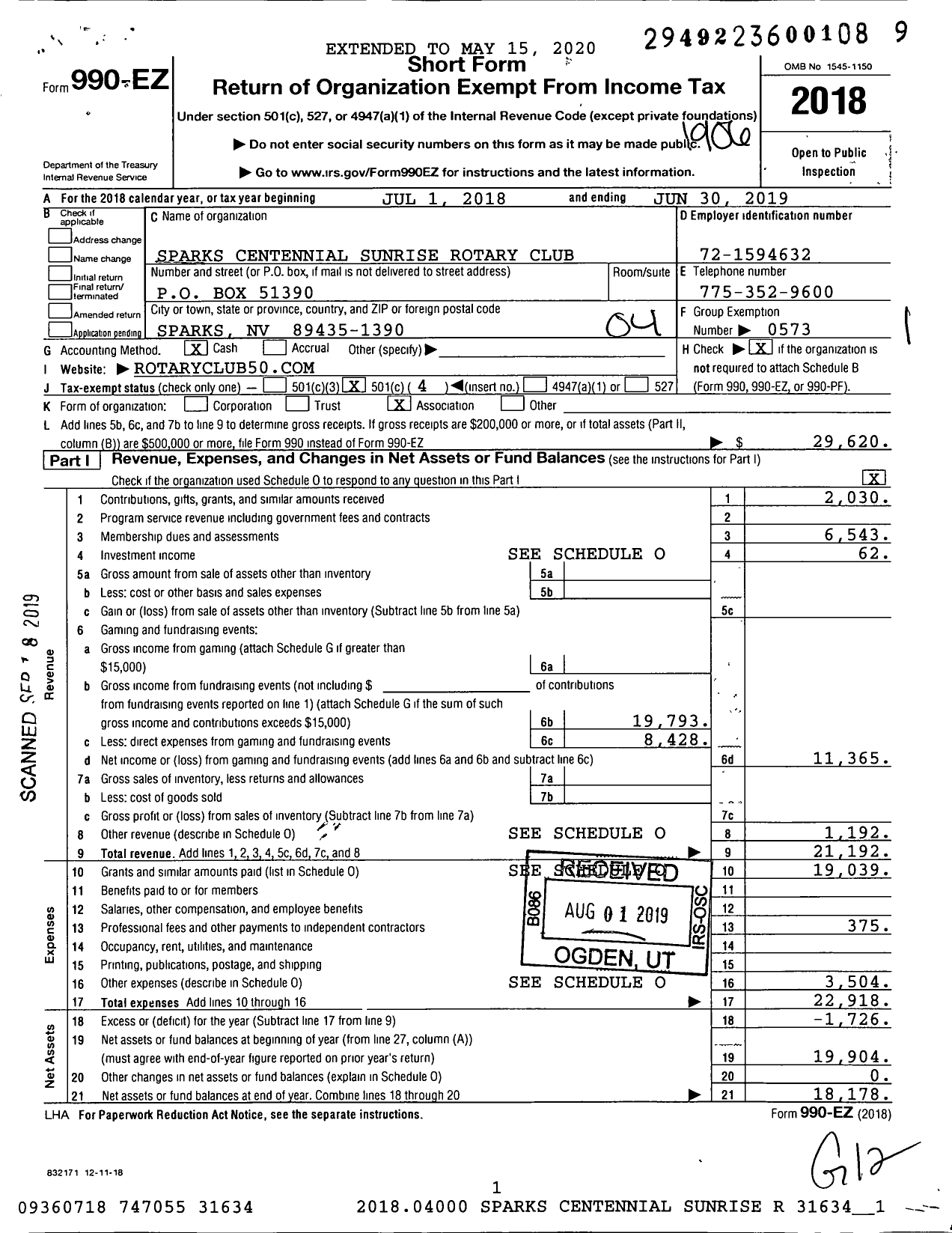 Image of first page of 2018 Form 990EO for Rotary International - Sparks Centennial Sunrise Rotary