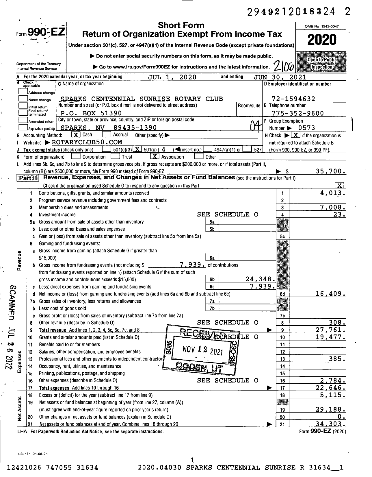 Image of first page of 2020 Form 990EO for Rotary International - Sparks Centennial Sunrise Rotary