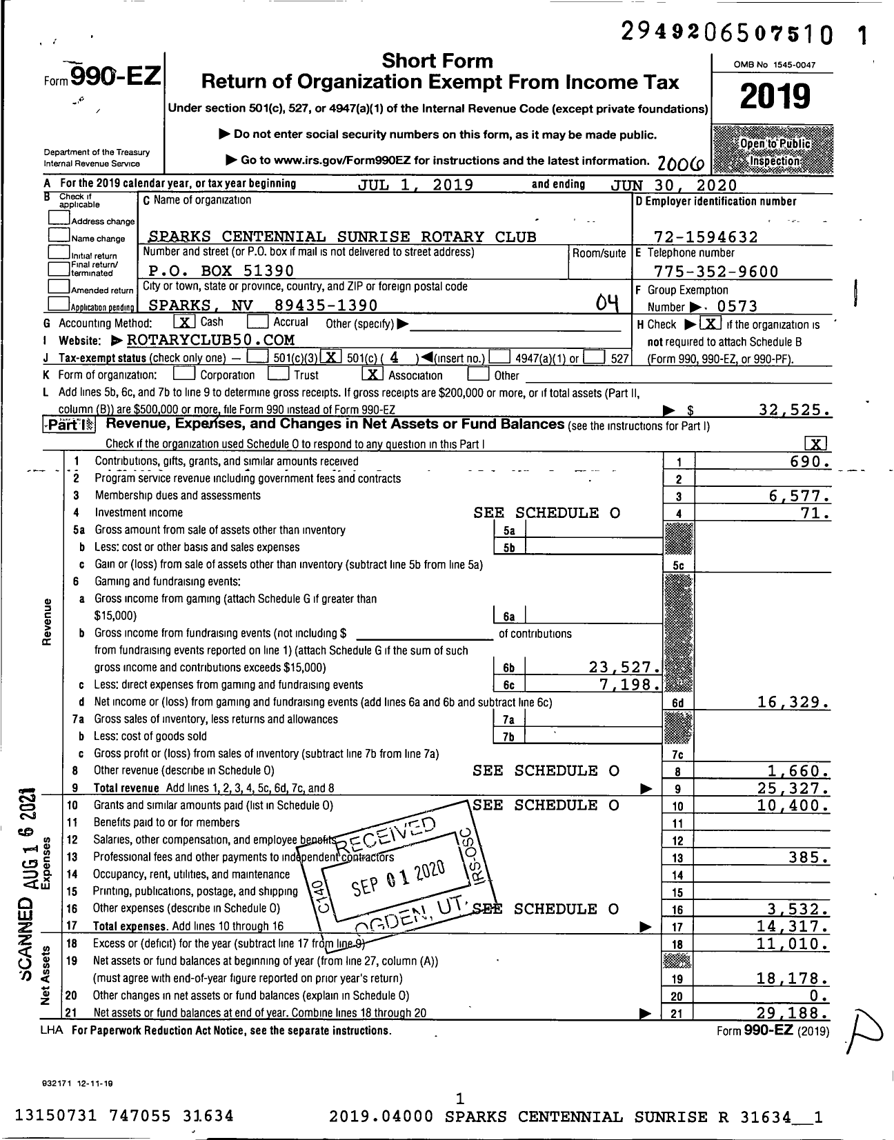 Image of first page of 2019 Form 990EO for Rotary International - Sparks Centennial Sunrise Rotary