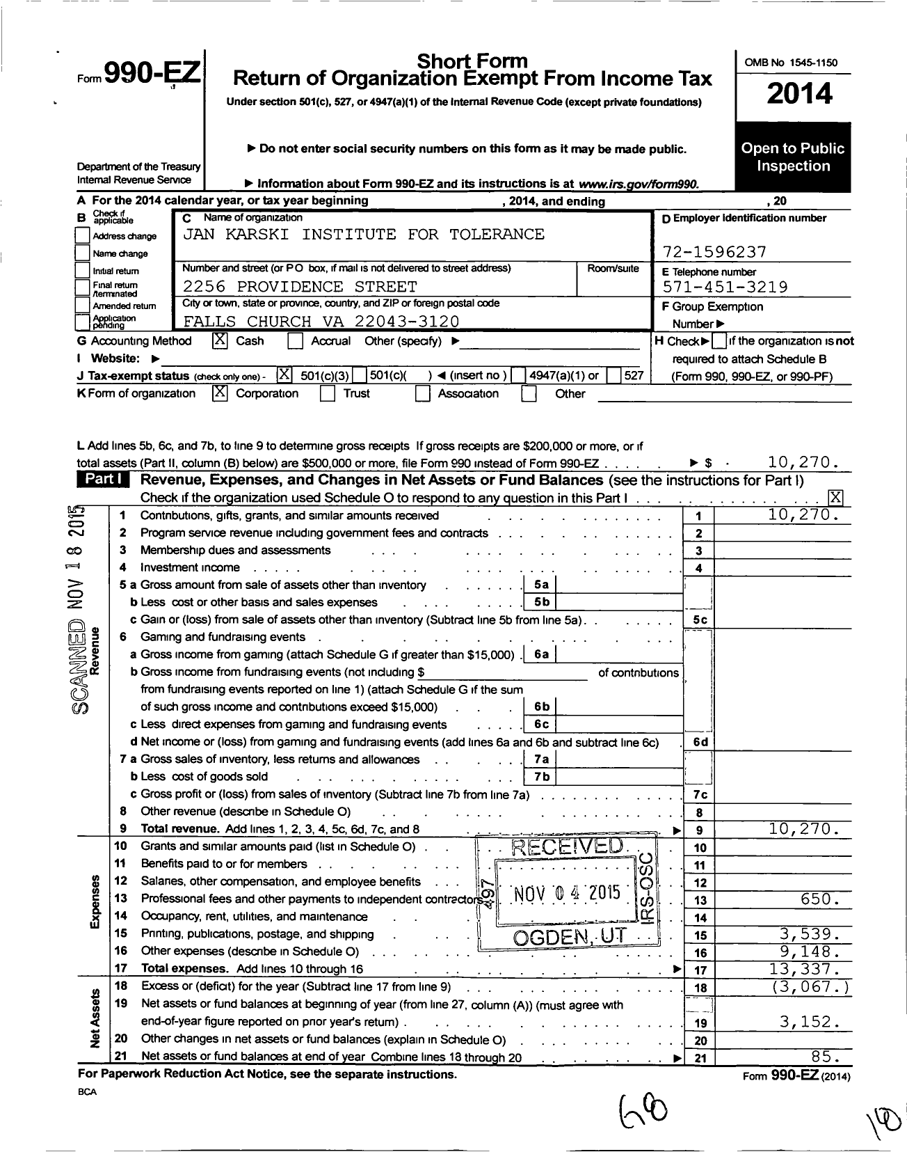 Image of first page of 2014 Form 990EZ for Jan Karski Institute for Tolerance and Dialogue