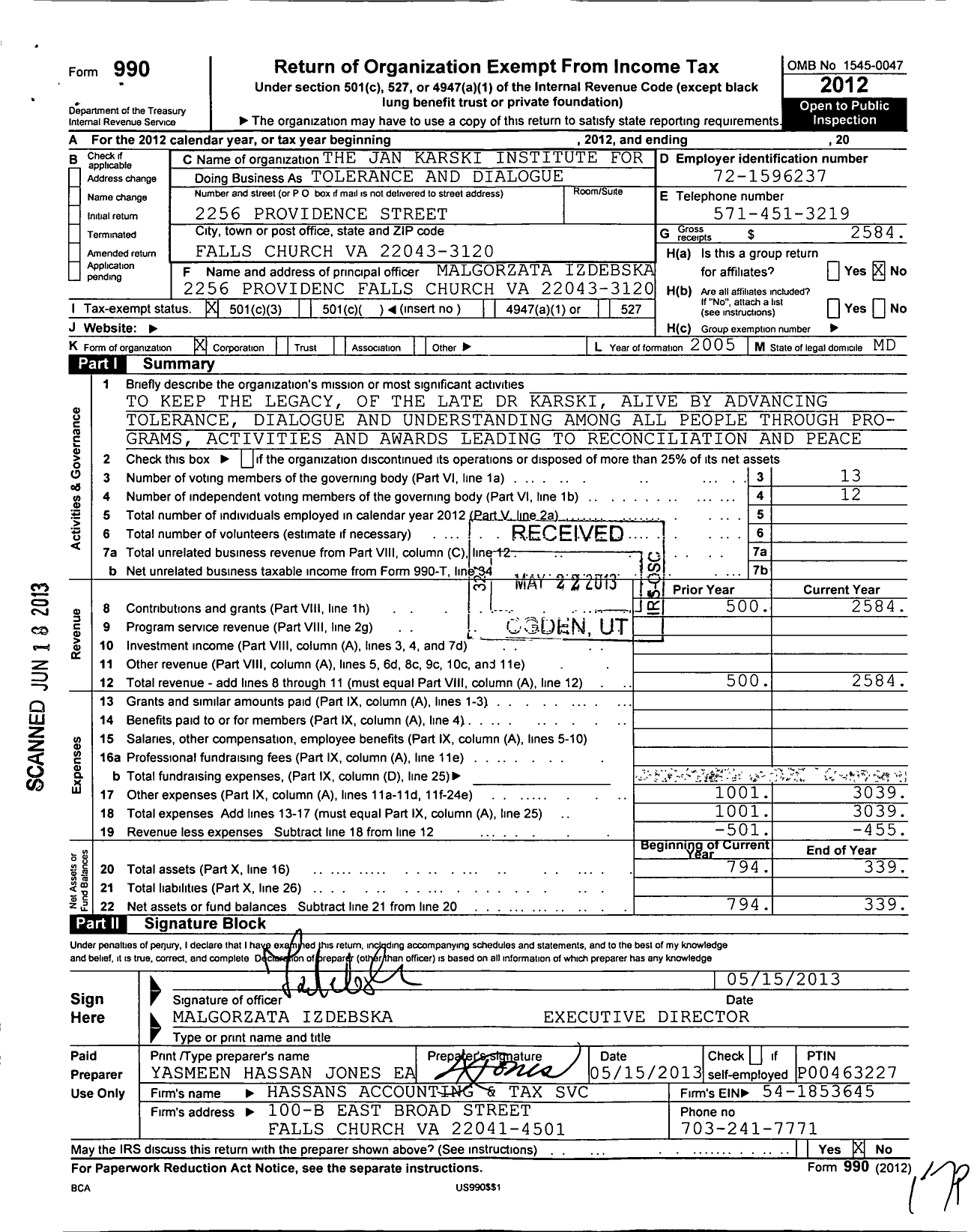 Image of first page of 2012 Form 990 for Jan Karski Institute for Tolerance and Dialogue