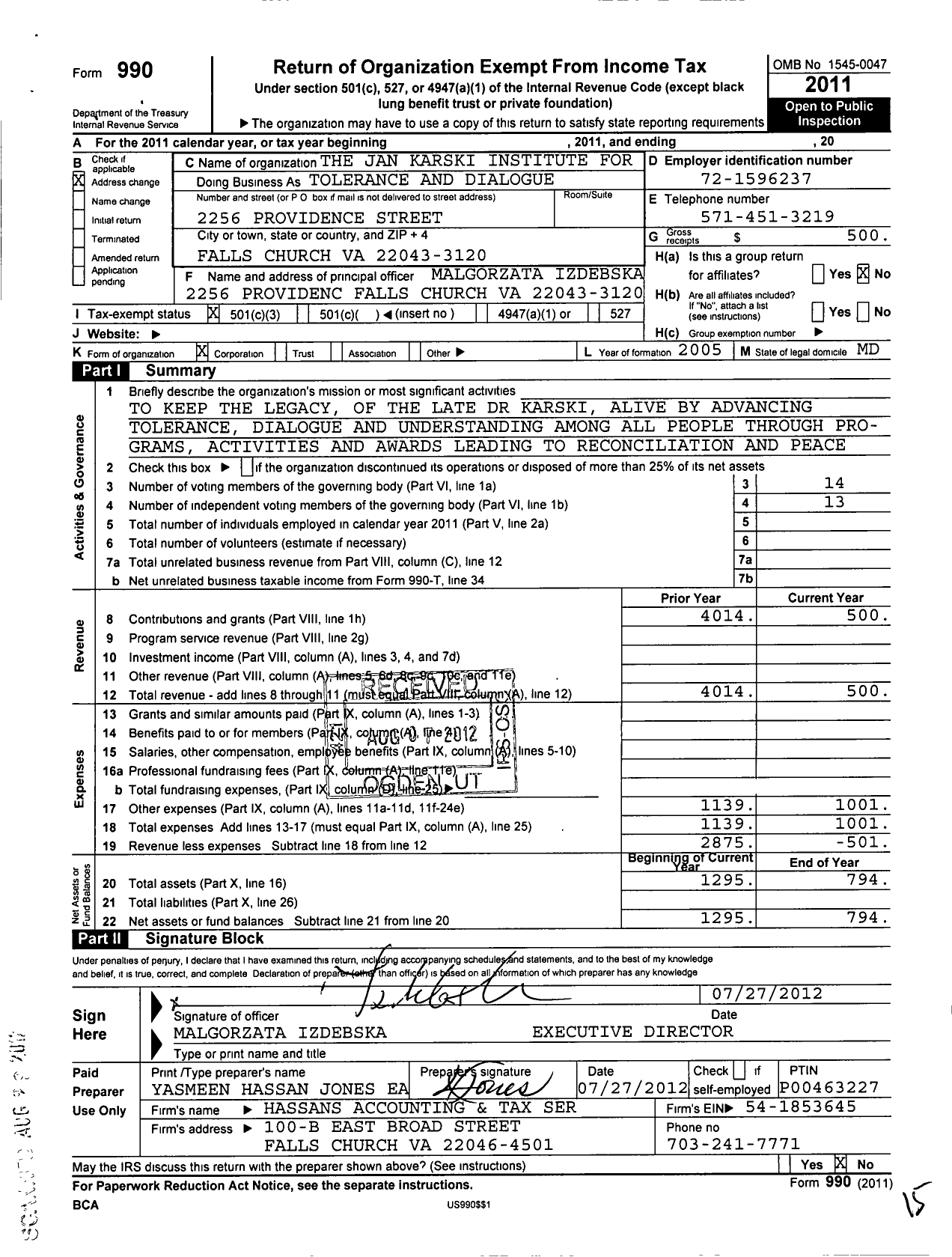 Image of first page of 2011 Form 990 for Jan Karski Institute for Tolerance and Dialogue